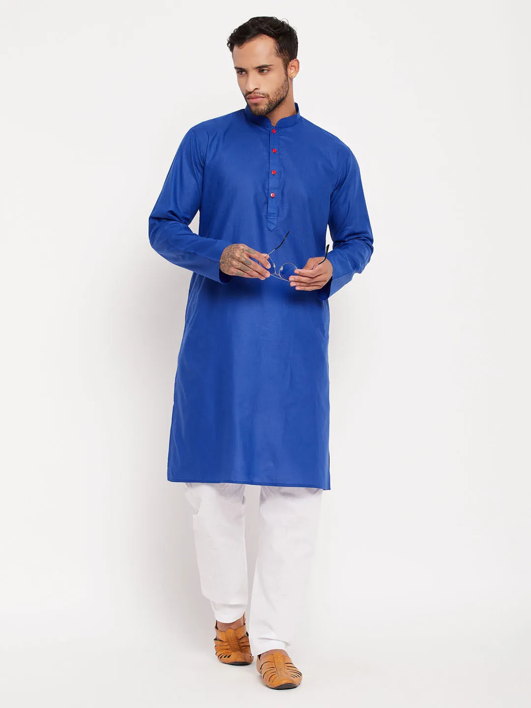 Jashvi Men's Blue Cotton Kurta And White Pyjama Set