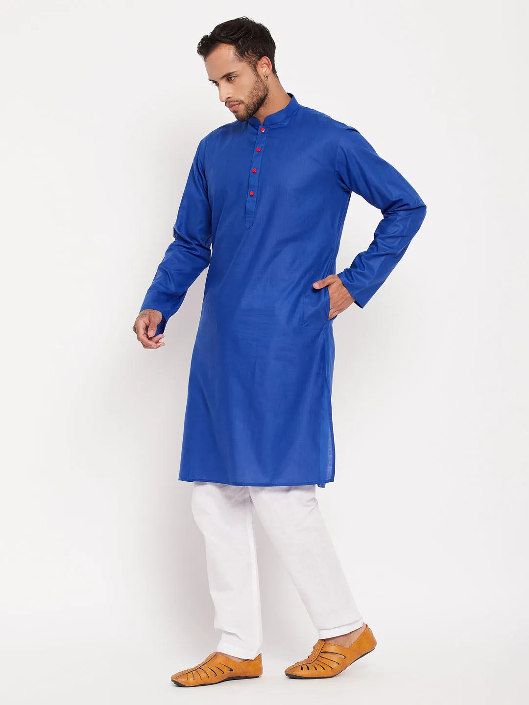 Jashvi Men's Blue Cotton Kurta And White Pyjama Set