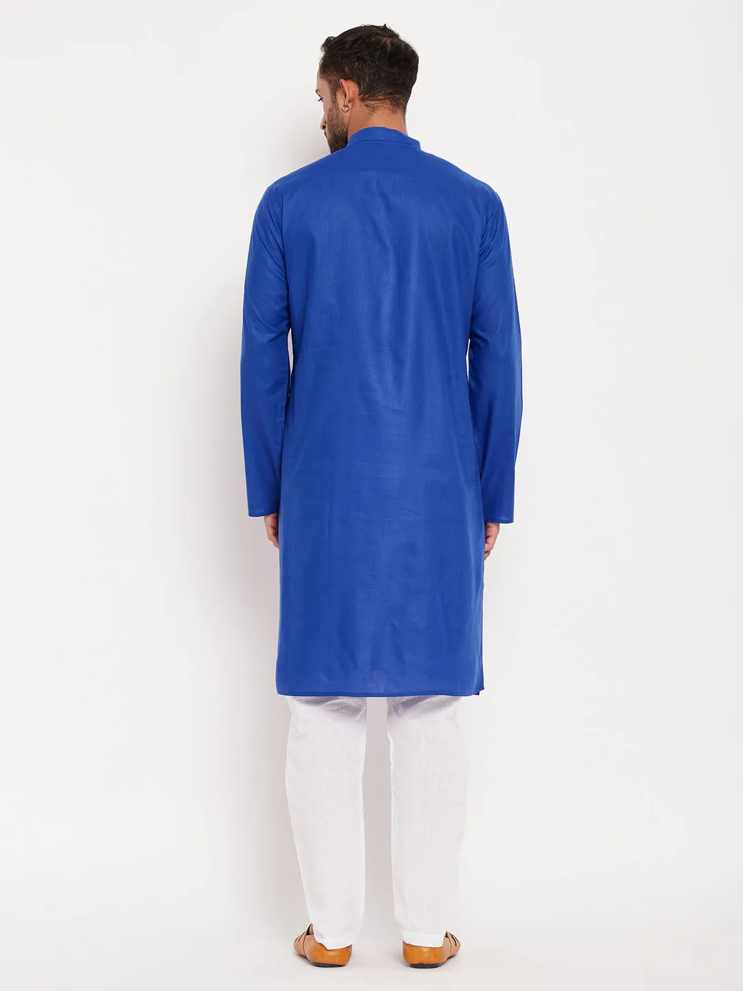 Jashvi Men's Blue Cotton Kurta And White Pyjama Set