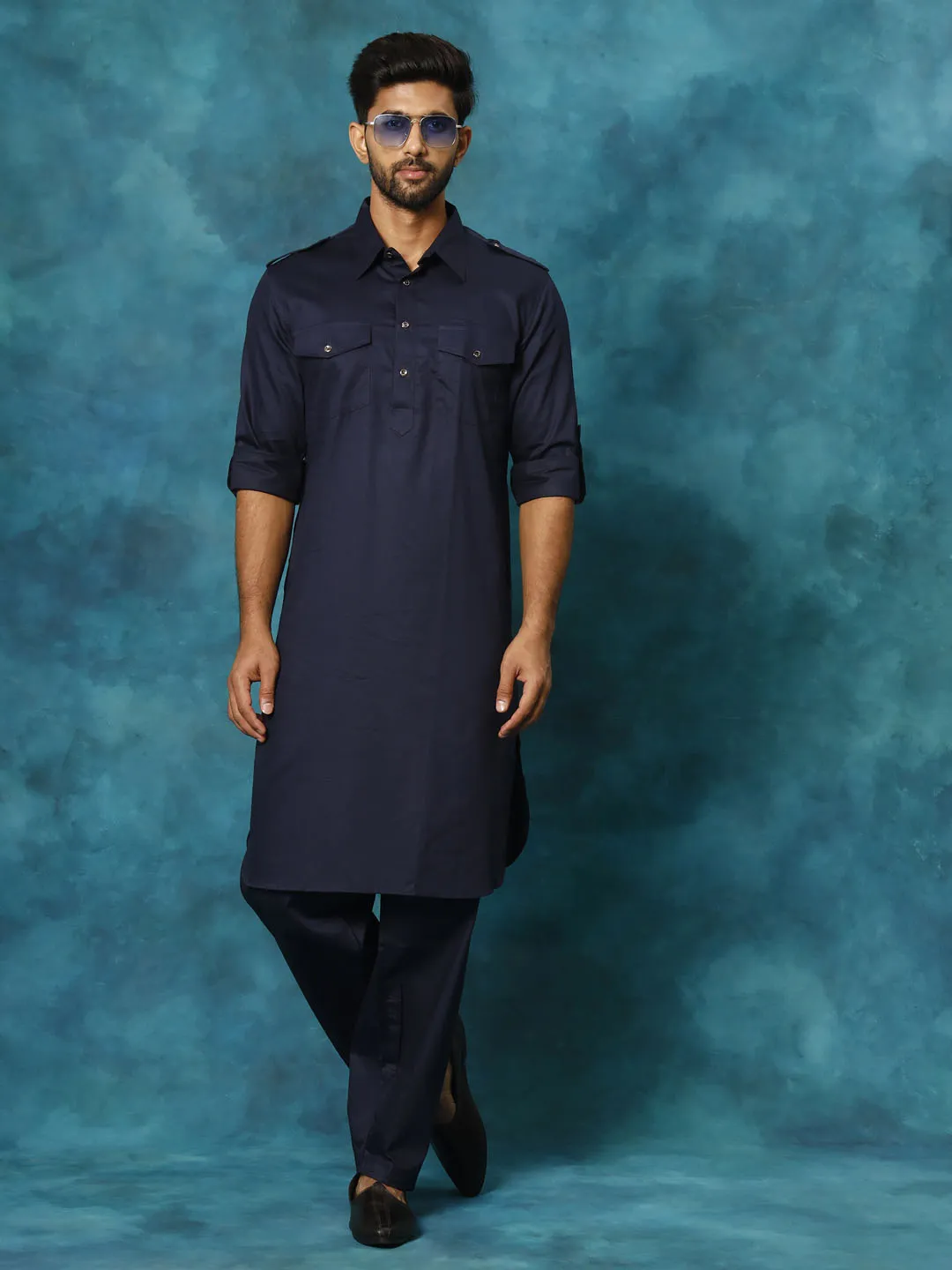 Jashvi Men's Blue Cotton Pathani Suit Set