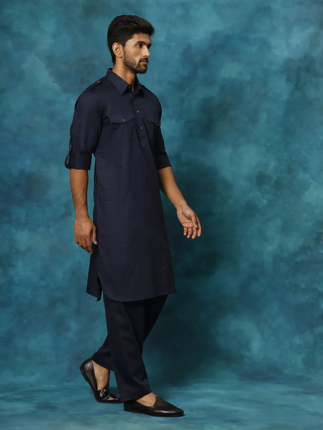 Jashvi Men's Blue Cotton Pathani Suit Set