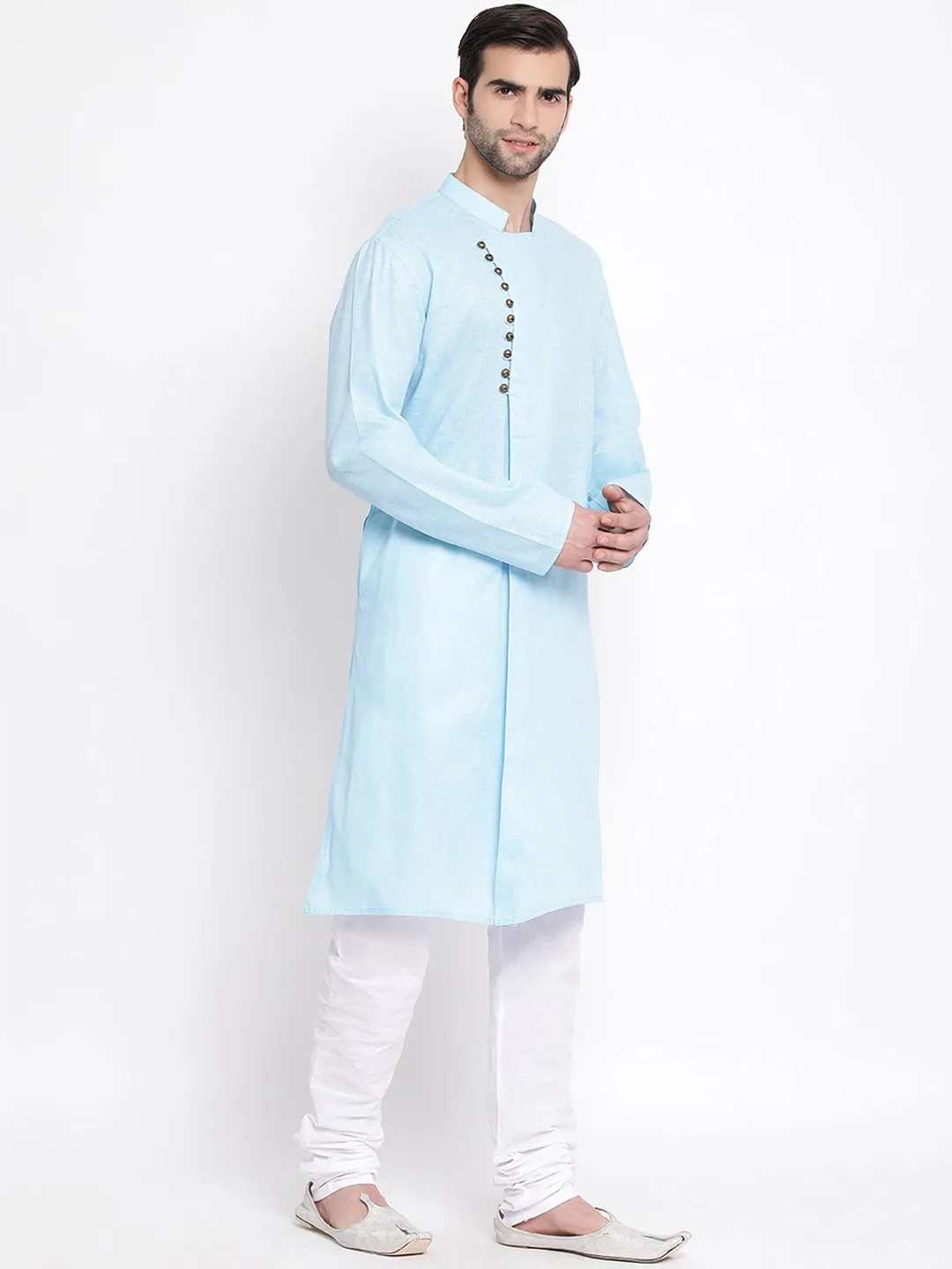 Jashvi Men's Blue Mix Cotton Kurta and Pyjama Set