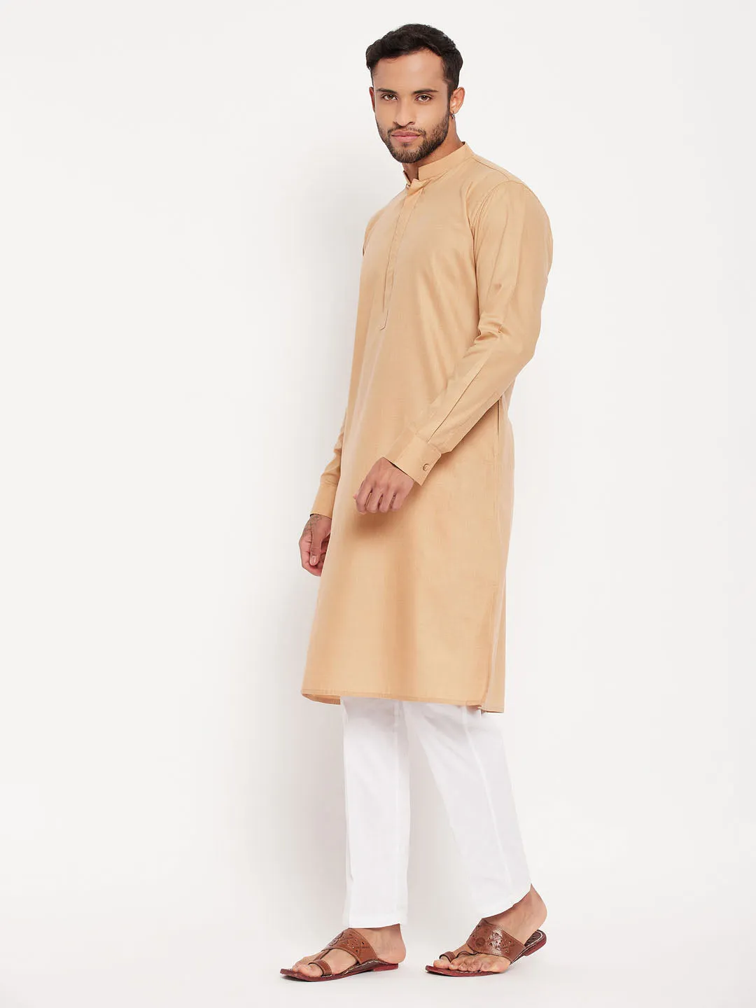 Jashvi Men's Chiku Cotton Blend Kurta and White Pnt Style Pyjama Set