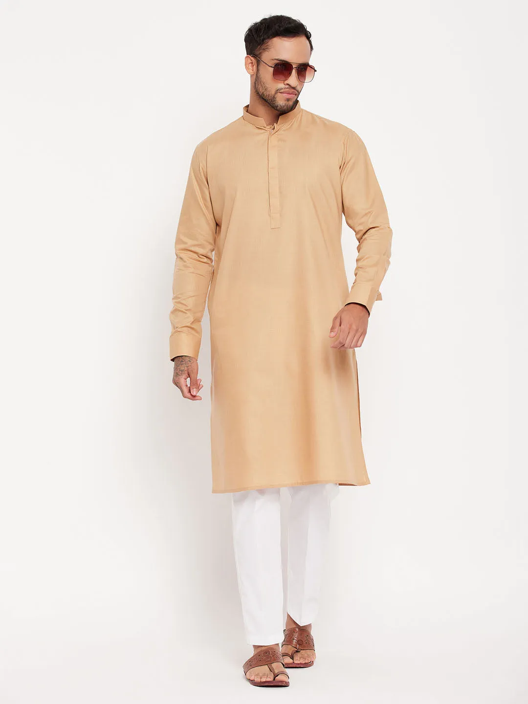 Jashvi Men's Chiku Cotton Blend Kurta and White Pnt Style Pyjama Set