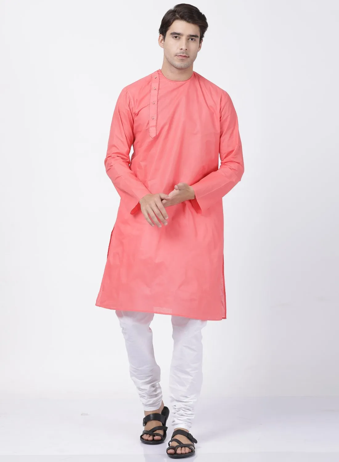 Jashvi Men's Coral Pink Cotton Blend Kurta and Pyjama Set