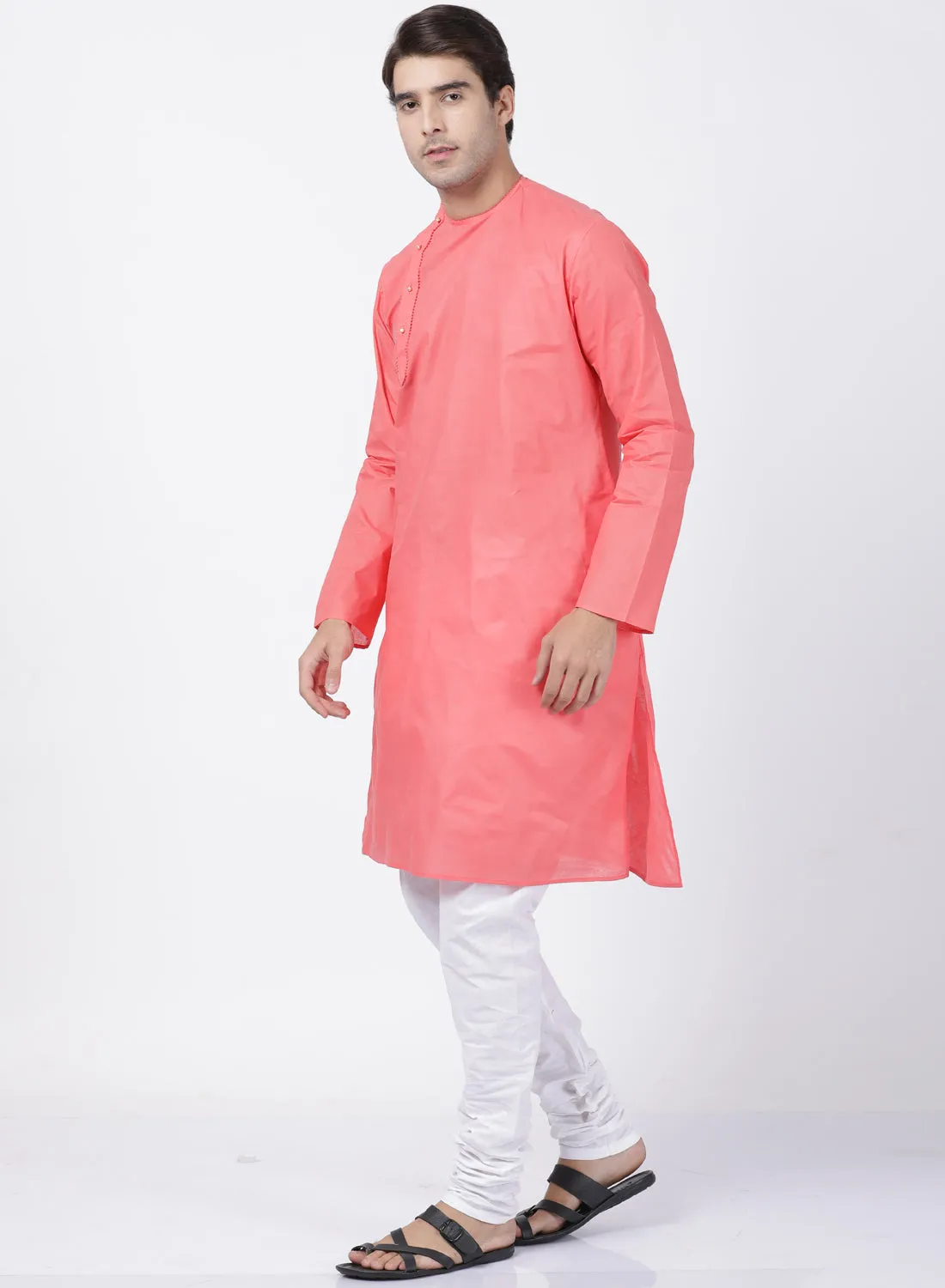 Jashvi Men's Coral Pink Cotton Blend Kurta and Pyjama Set