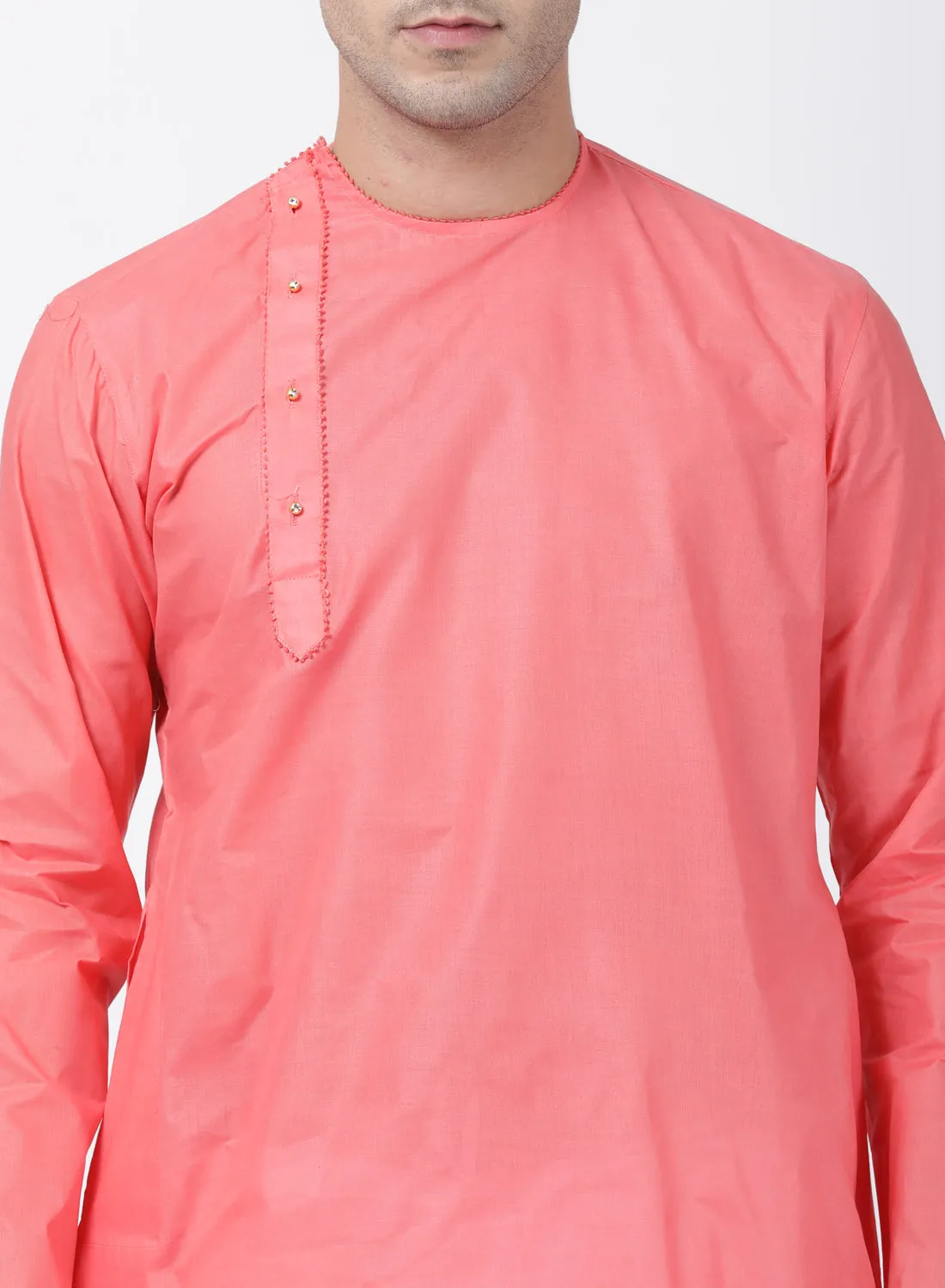 Jashvi Men's Coral Pink Cotton Blend Kurta and Pyjama Set