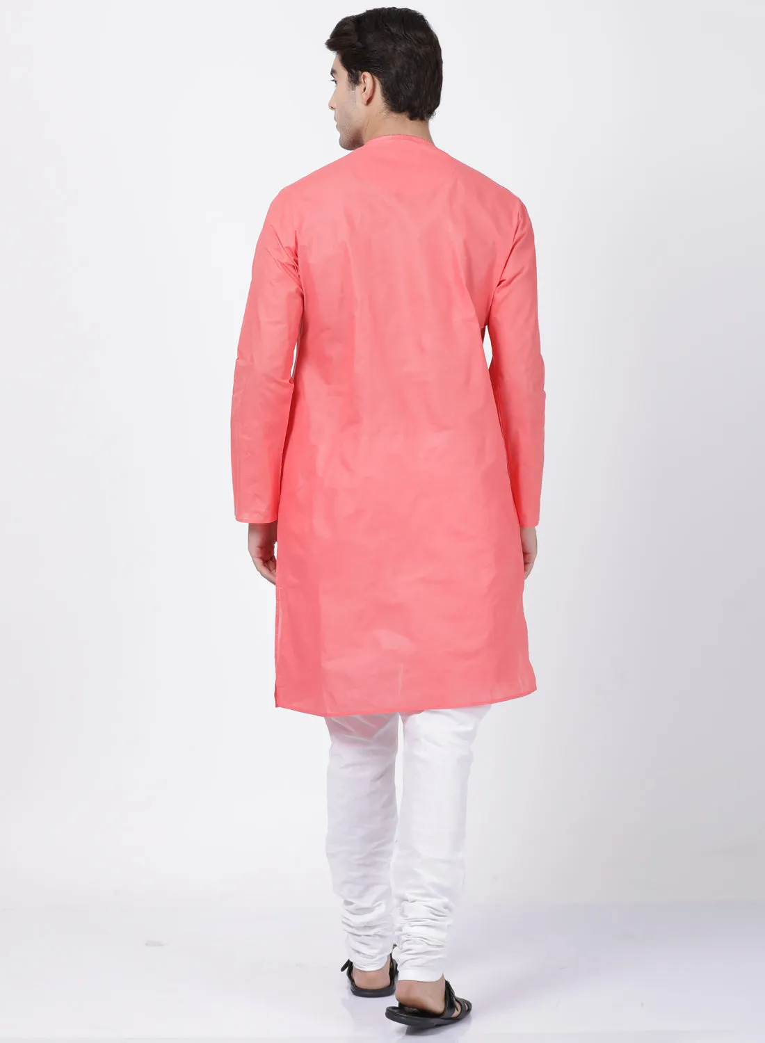 Jashvi Men's Coral Pink Cotton Blend Kurta and Pyjama Set