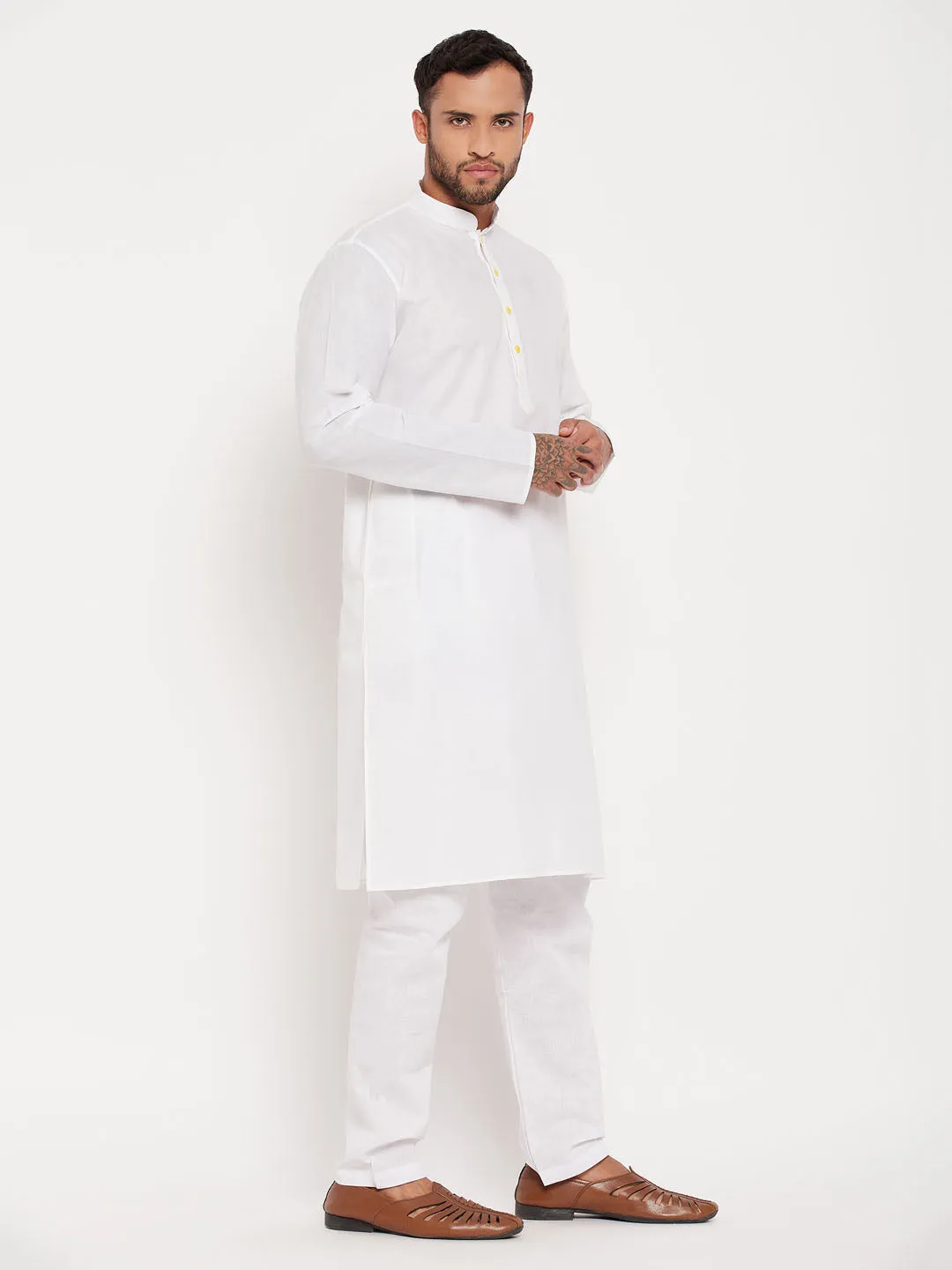 Jashvi Men's Cream Cotton Kurta And White Pyjama Set