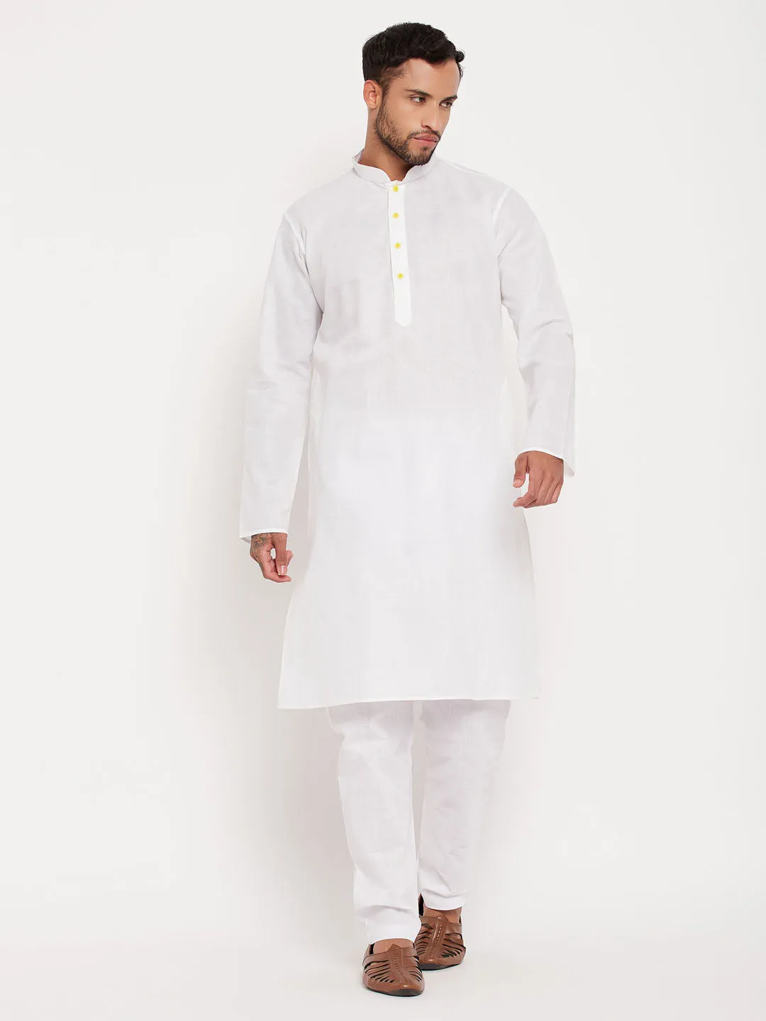 Jashvi Men's Cream Cotton Kurta And White Pyjama Set