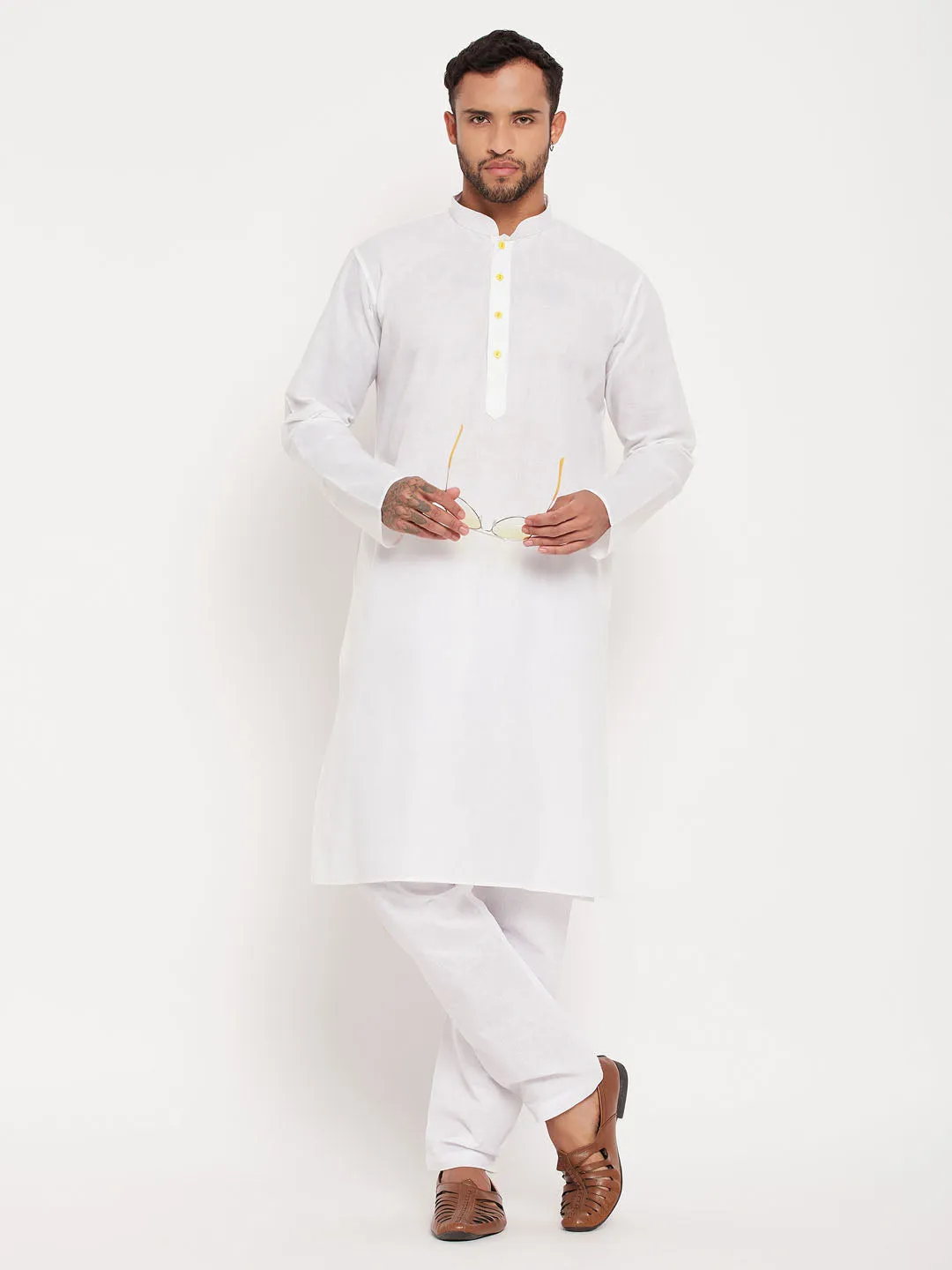 Jashvi Men's Cream Cotton Kurta And White Pyjama Set