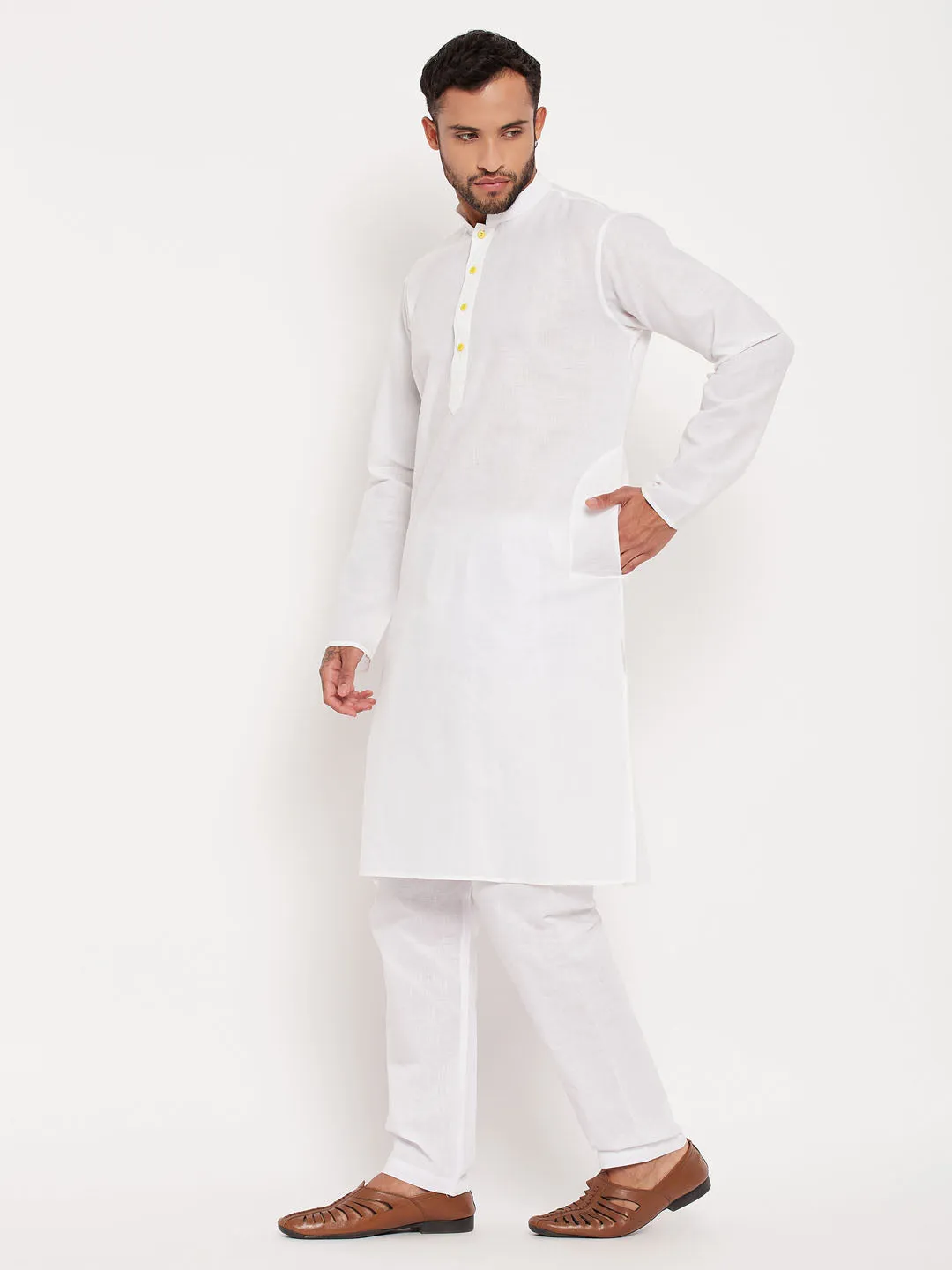 Jashvi Men's Cream Cotton Kurta And White Pyjama Set