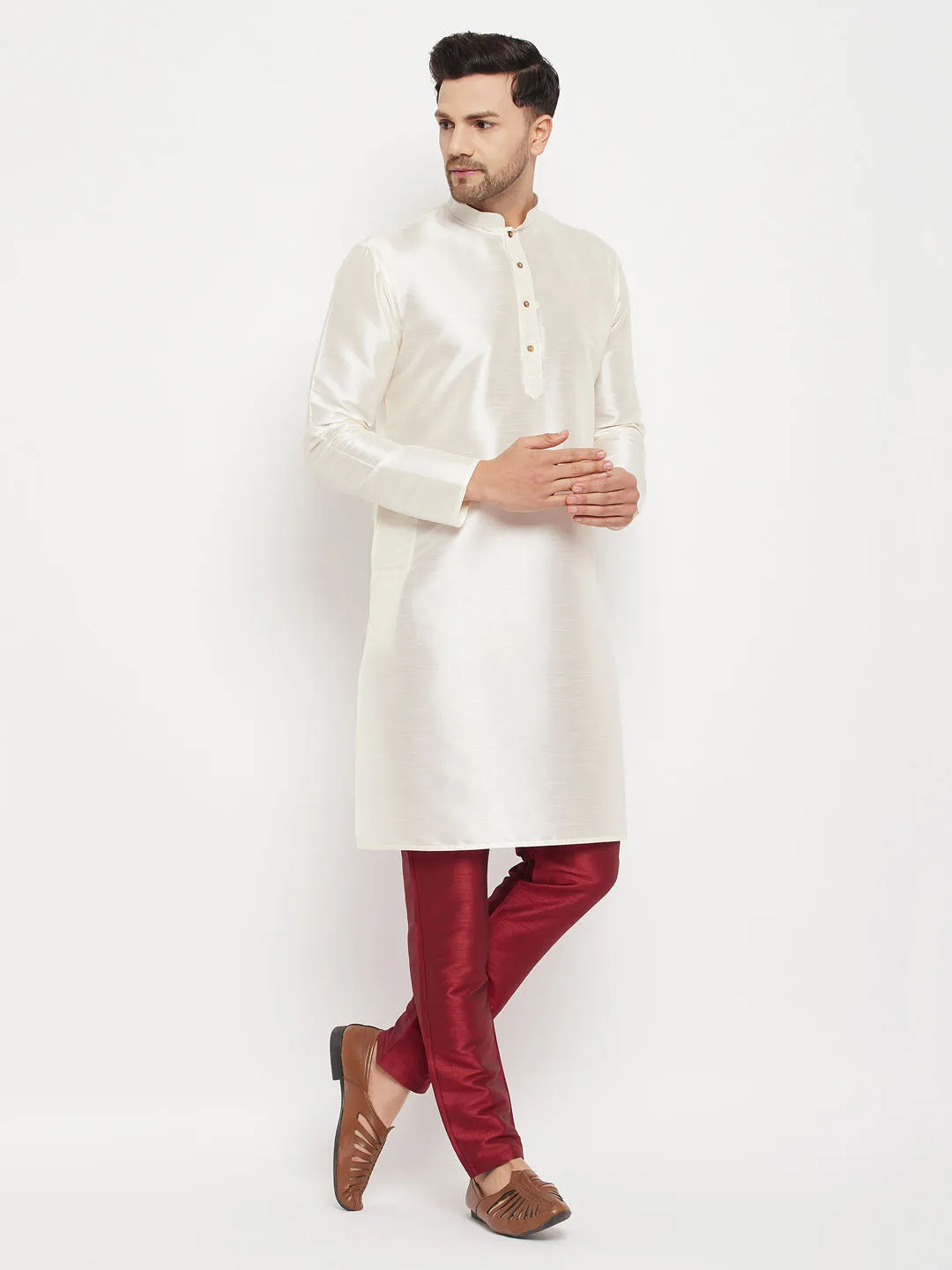 Jashvi Men's Cream Cotton Silk Blend Kurta and Maroon Pant Style Pyjama Set