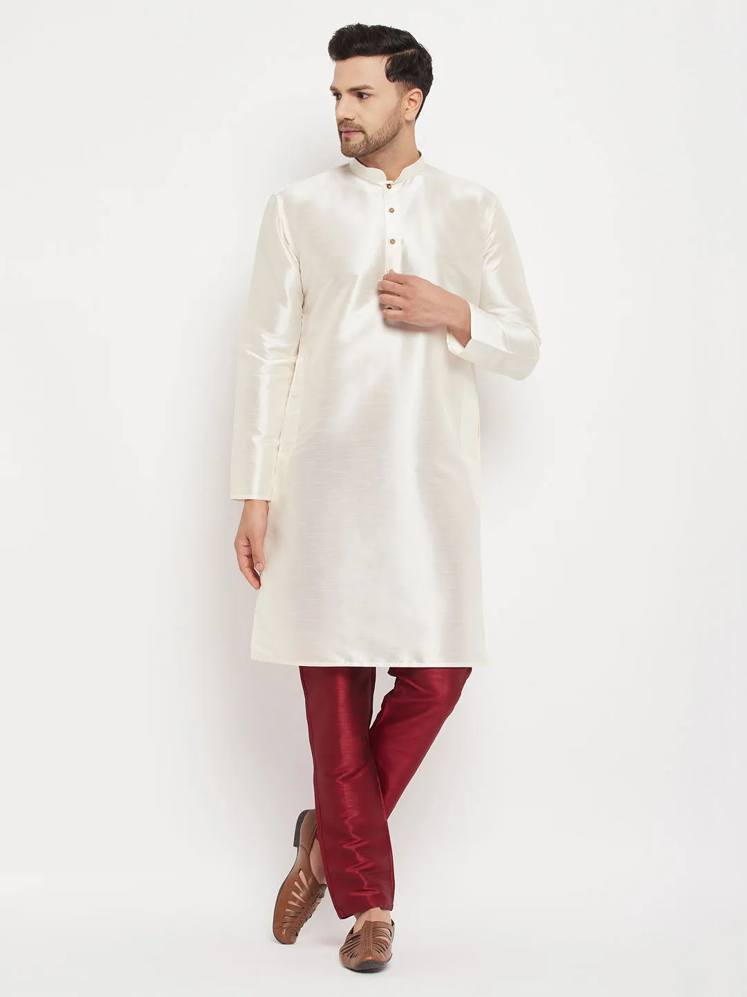 Jashvi Men's Cream Cotton Silk Blend Kurta and Maroon Pant Style Pyjama Set