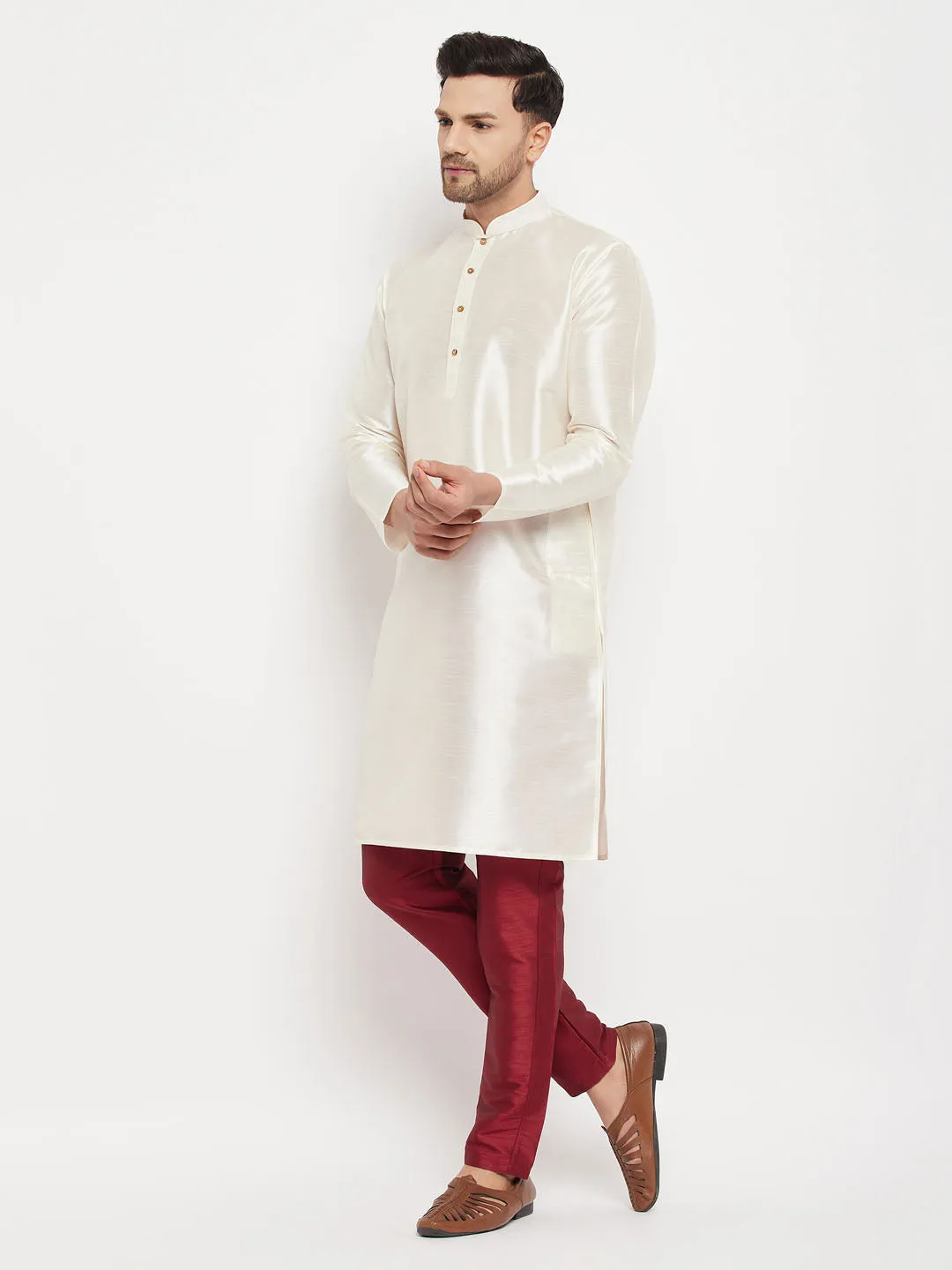 Jashvi Men's Cream Cotton Silk Blend Kurta and Maroon Pant Style Pyjama Set