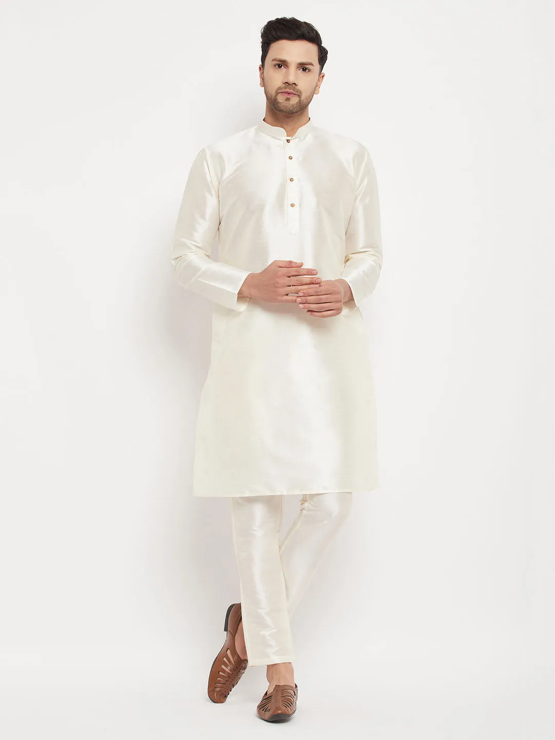 Jashvi Men's Cream Cotton Silk Blend Kurta and Pant Style Pyjama Set