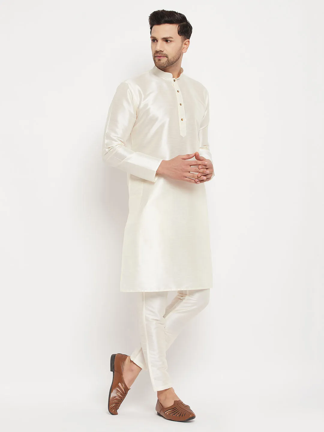 Jashvi Men's Cream Cotton Silk Blend Kurta and Pant Style Pyjama Set