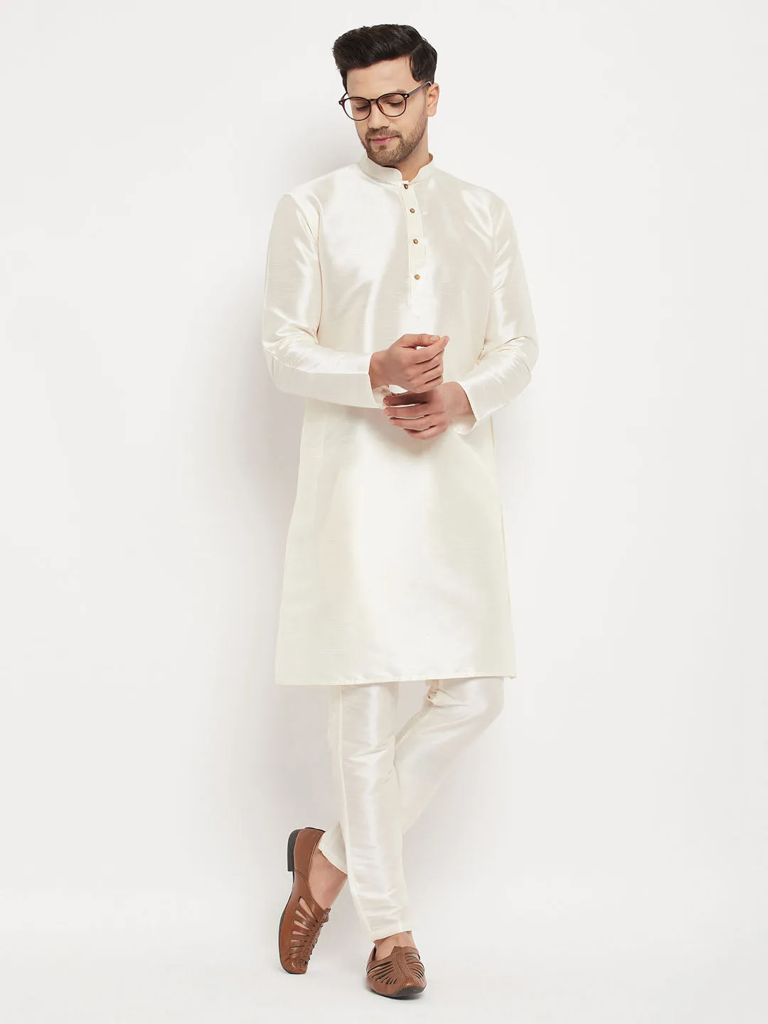 Jashvi Men's Cream Cotton Silk Blend Kurta and Pant Style Pyjama Set