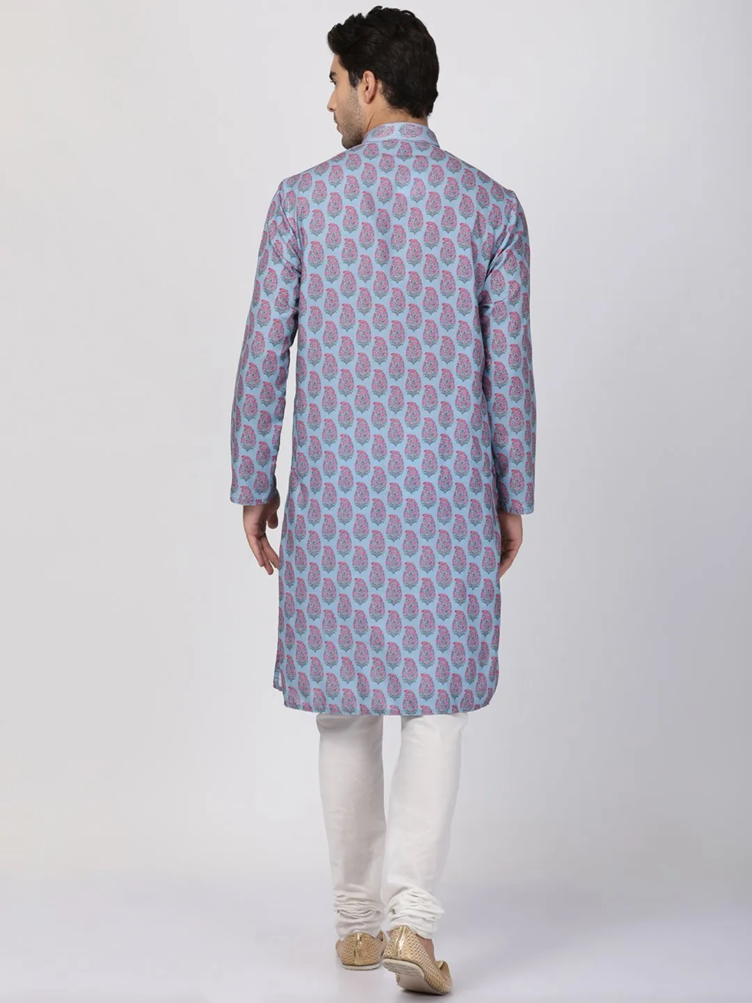 Jashvi Men's Grey Cotton Blend Kurta and Churidar Set