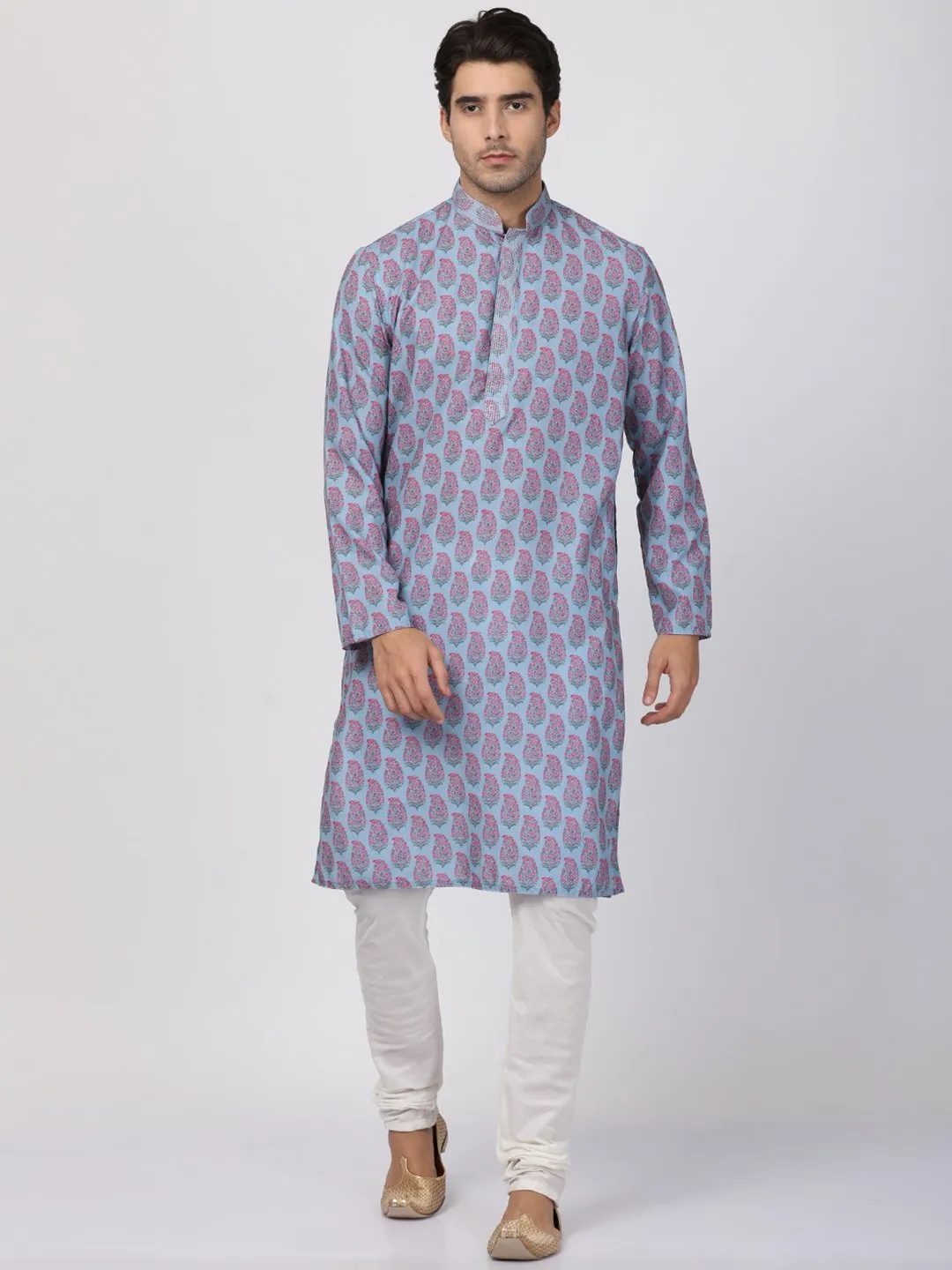 Jashvi Men's Grey Cotton Blend Kurta and Churidar Set