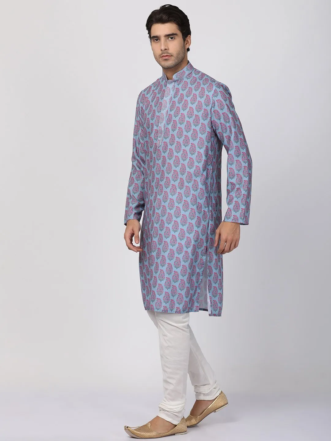 Jashvi Men's Grey Cotton Blend Kurta and Churidar Set