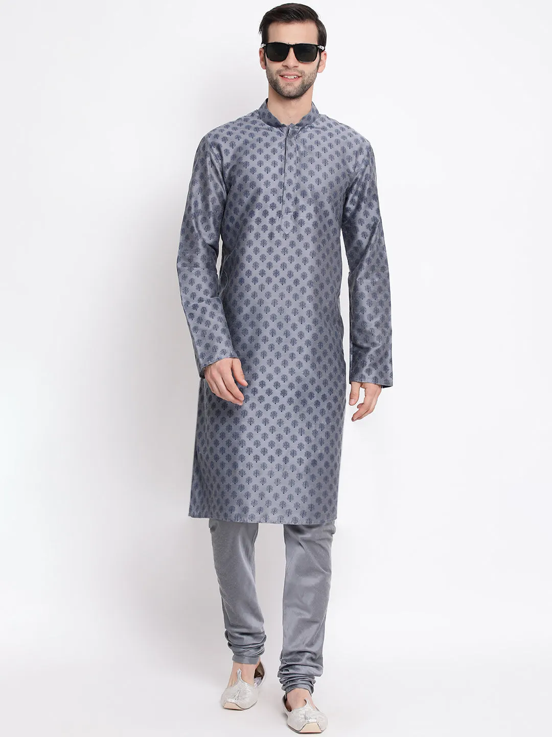 Jashvi Men's Grey Cotton Blend Kurta and Pyjama Set