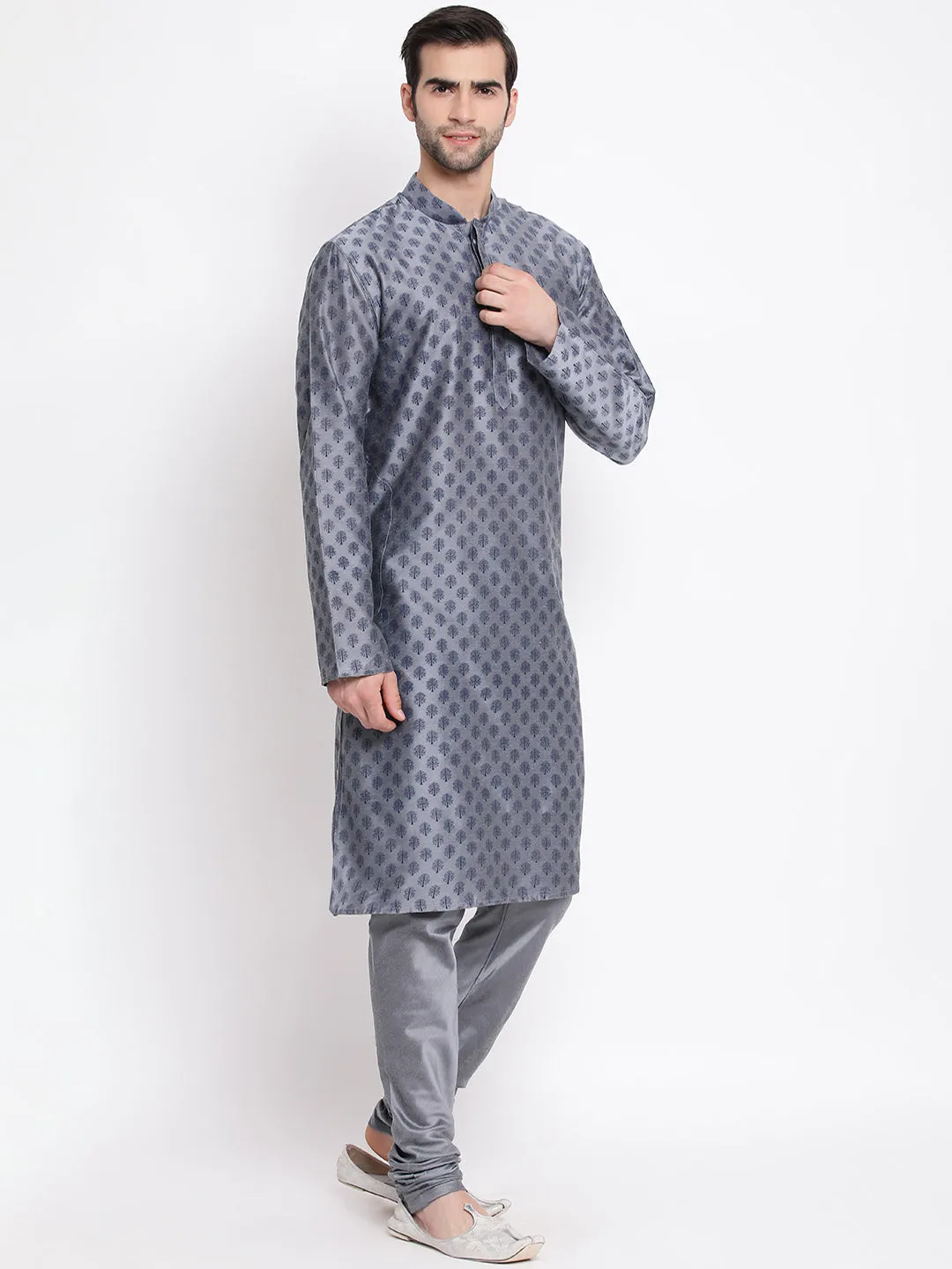 Jashvi Men's Grey Cotton Blend Kurta and Pyjama Set