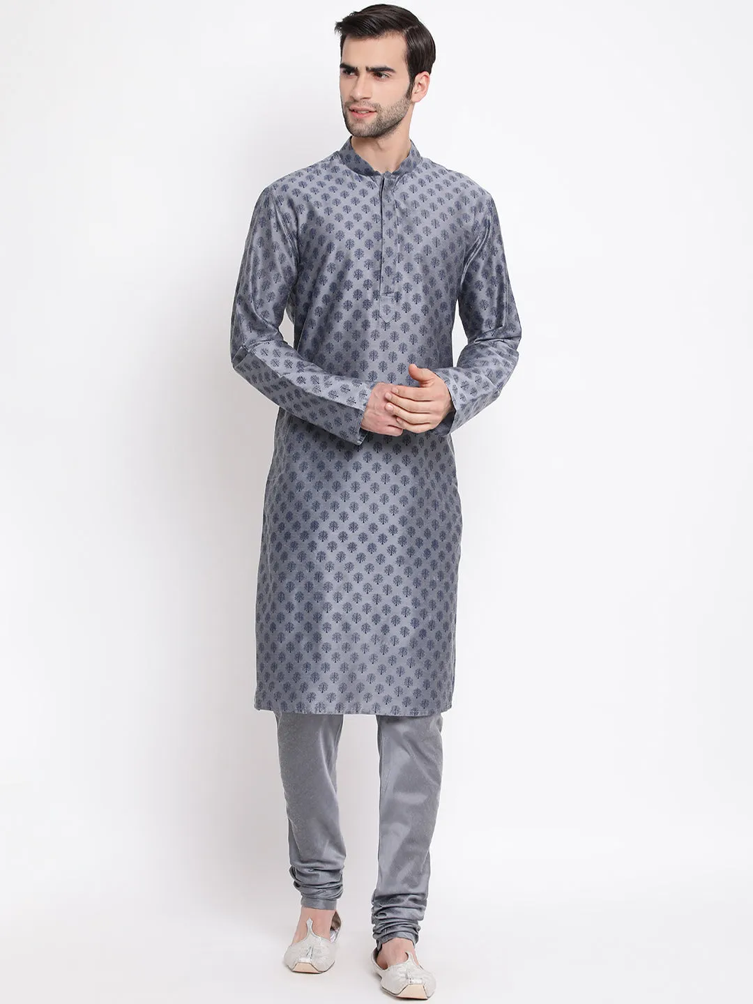 Jashvi Men's Grey Cotton Blend Kurta and Pyjama Set