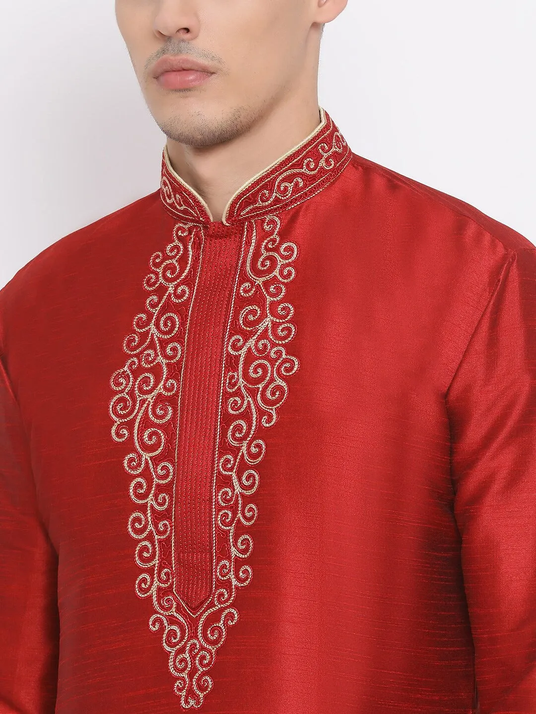 Jashvi  Men's Maroon Solid Kurta With Pyjama Set