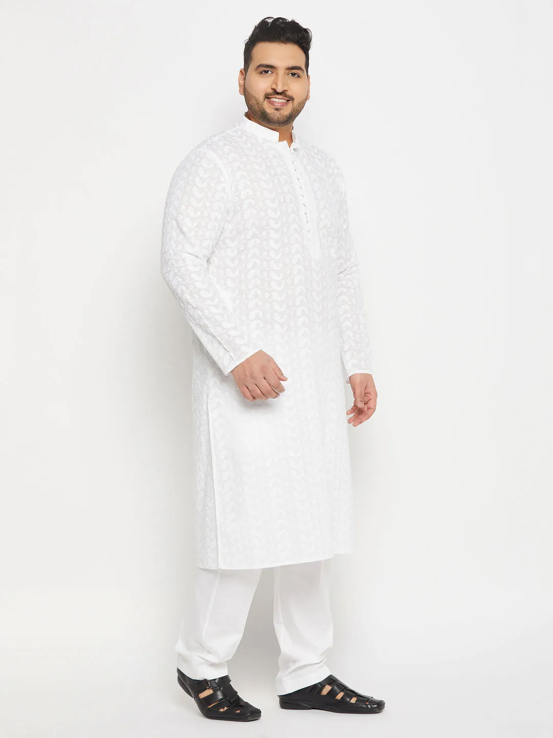 Jashvi Men's Plus Size White Chikankari Embroidered Kurta And White Cotton Pant Style Pyjama Set