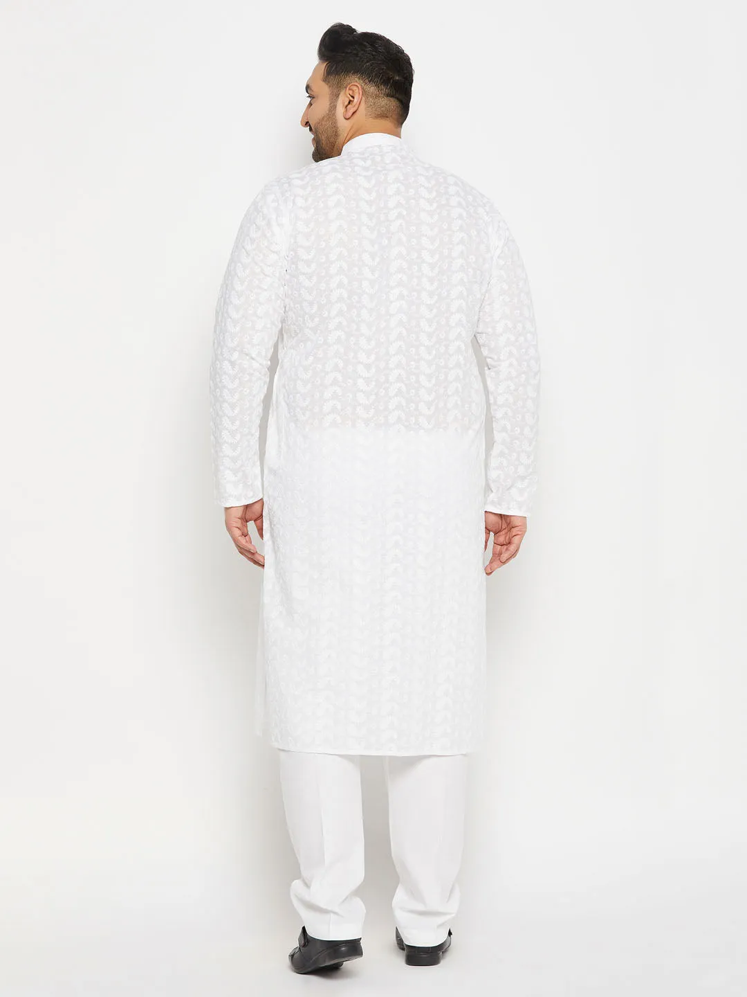 Jashvi Men's Plus Size White Chikankari Embroidered Kurta And White Cotton Pant Style Pyjama Set