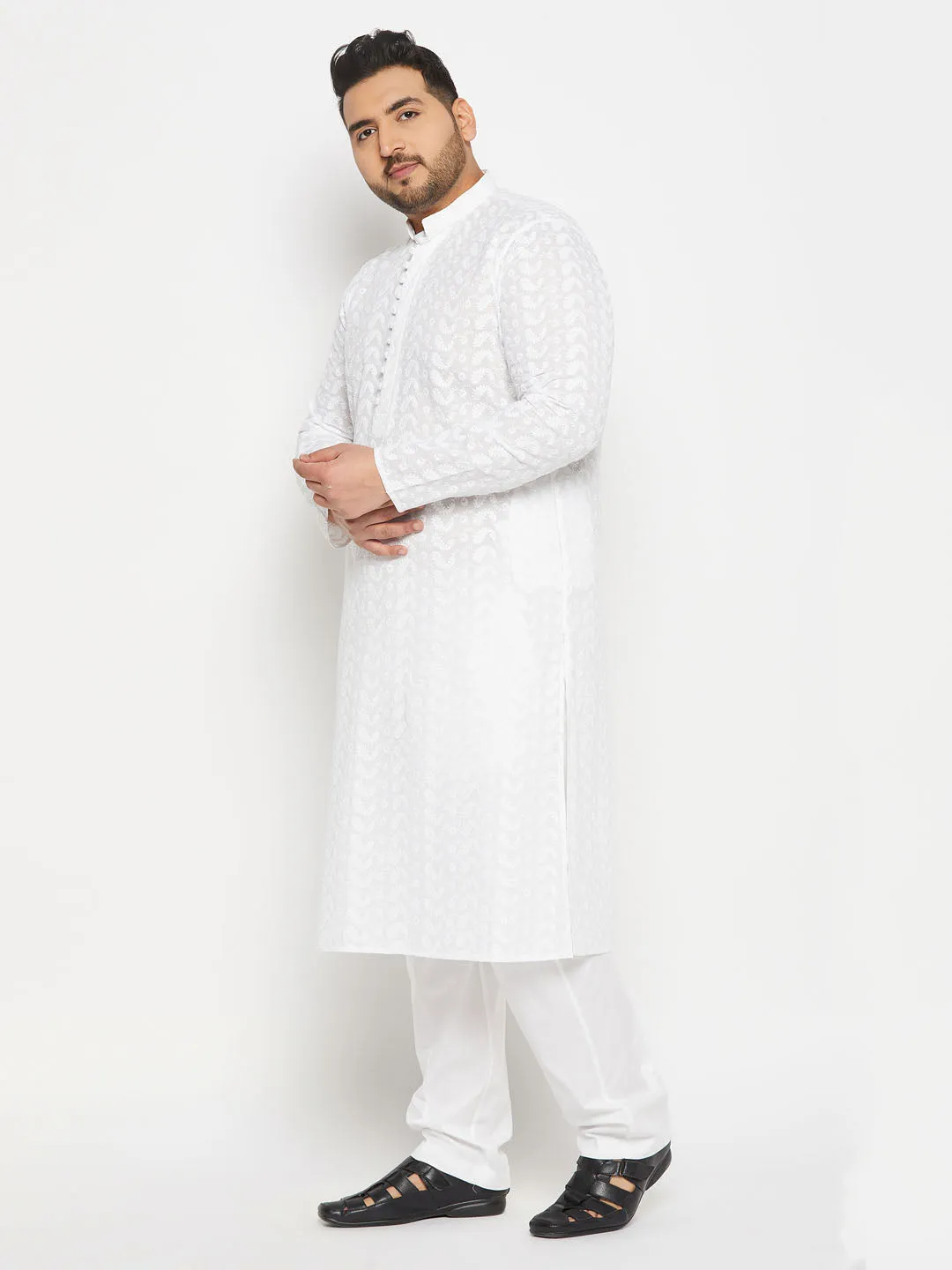 Jashvi Men's Plus Size White Chikankari Embroidered Kurta And White Cotton Pant Style Pyjama Set