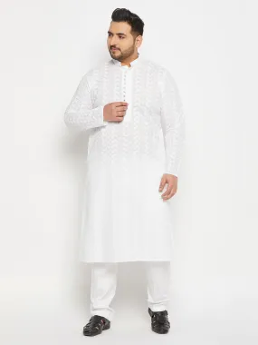 Jashvi Men's Plus Size White Chikankari Embroidered Kurta And White Cotton Pant Style Pyjama Set