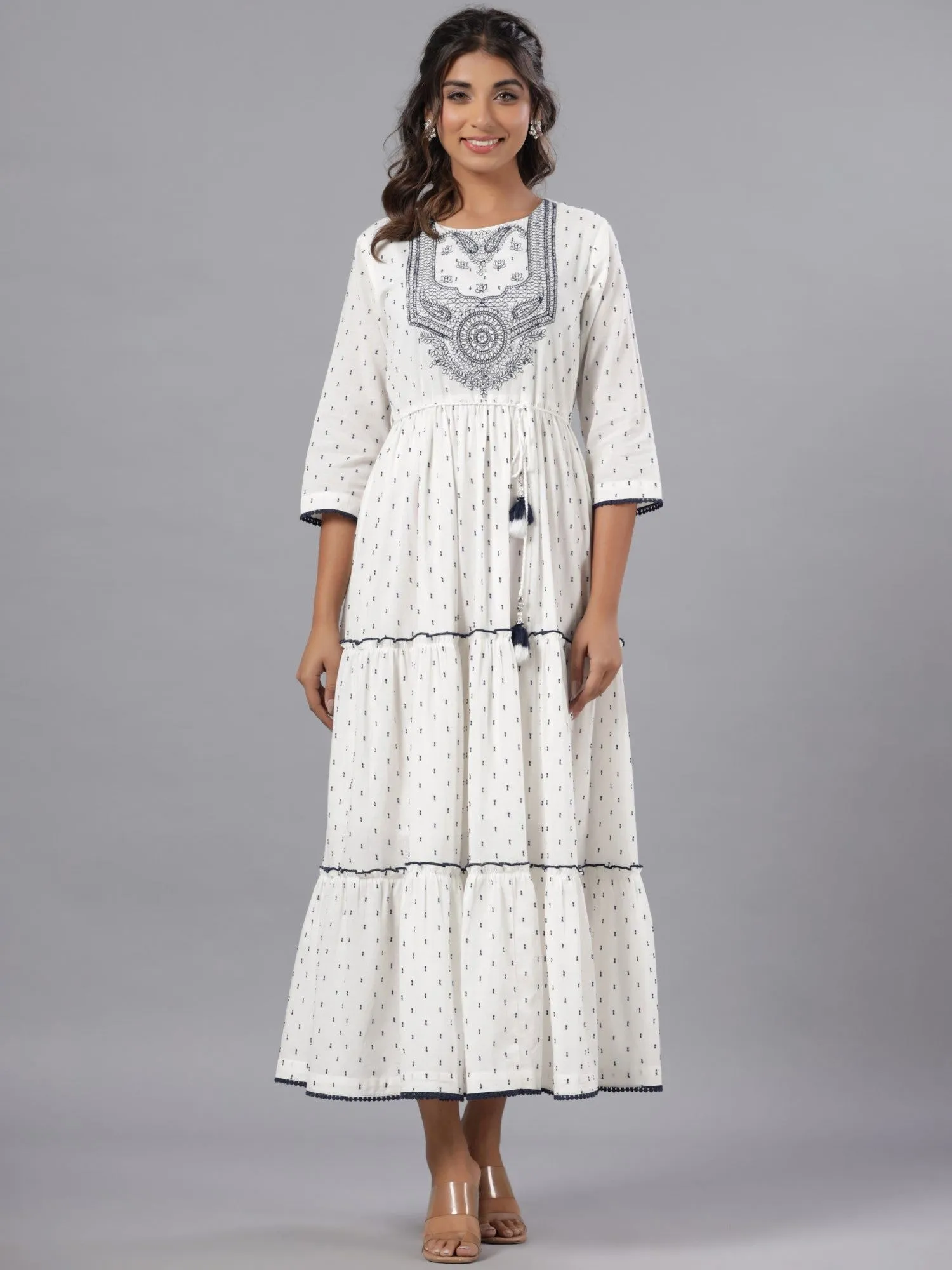 Jashvi  Off-White Ethnic Motif Printed Cotton Dobby Tiered Maxi Dress With Thread Embroidery