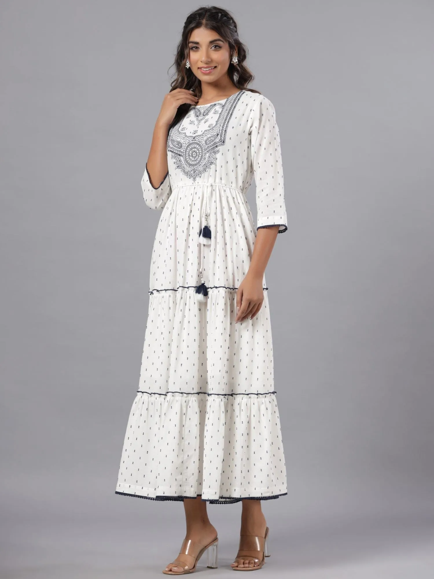 Jashvi  Off-White Ethnic Motif Printed Cotton Dobby Tiered Maxi Dress With Thread Embroidery