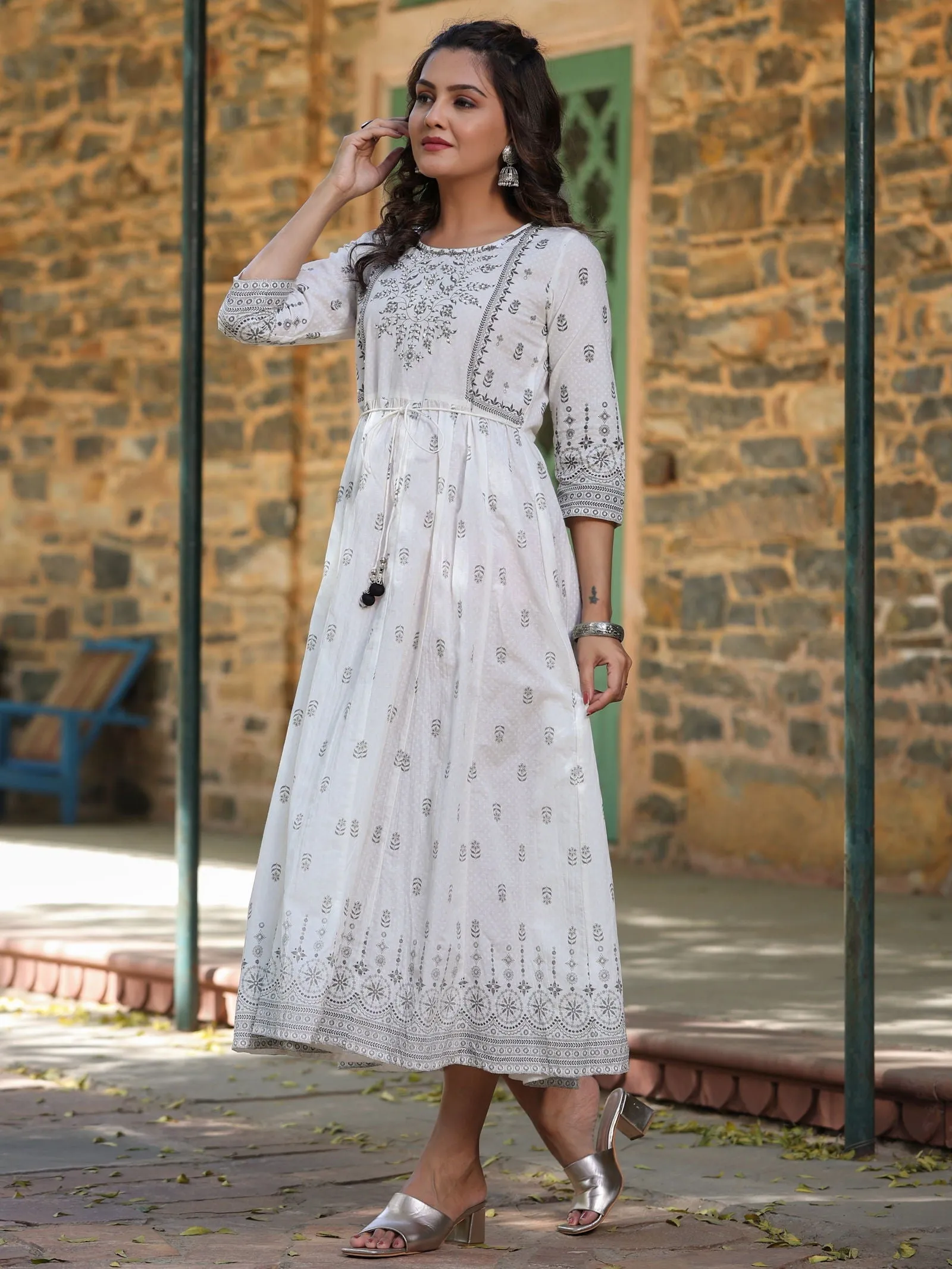 Jashvi  White Pure Cotton Printed Kurta, Sharara & Dupatta Set With Beads & Sequins