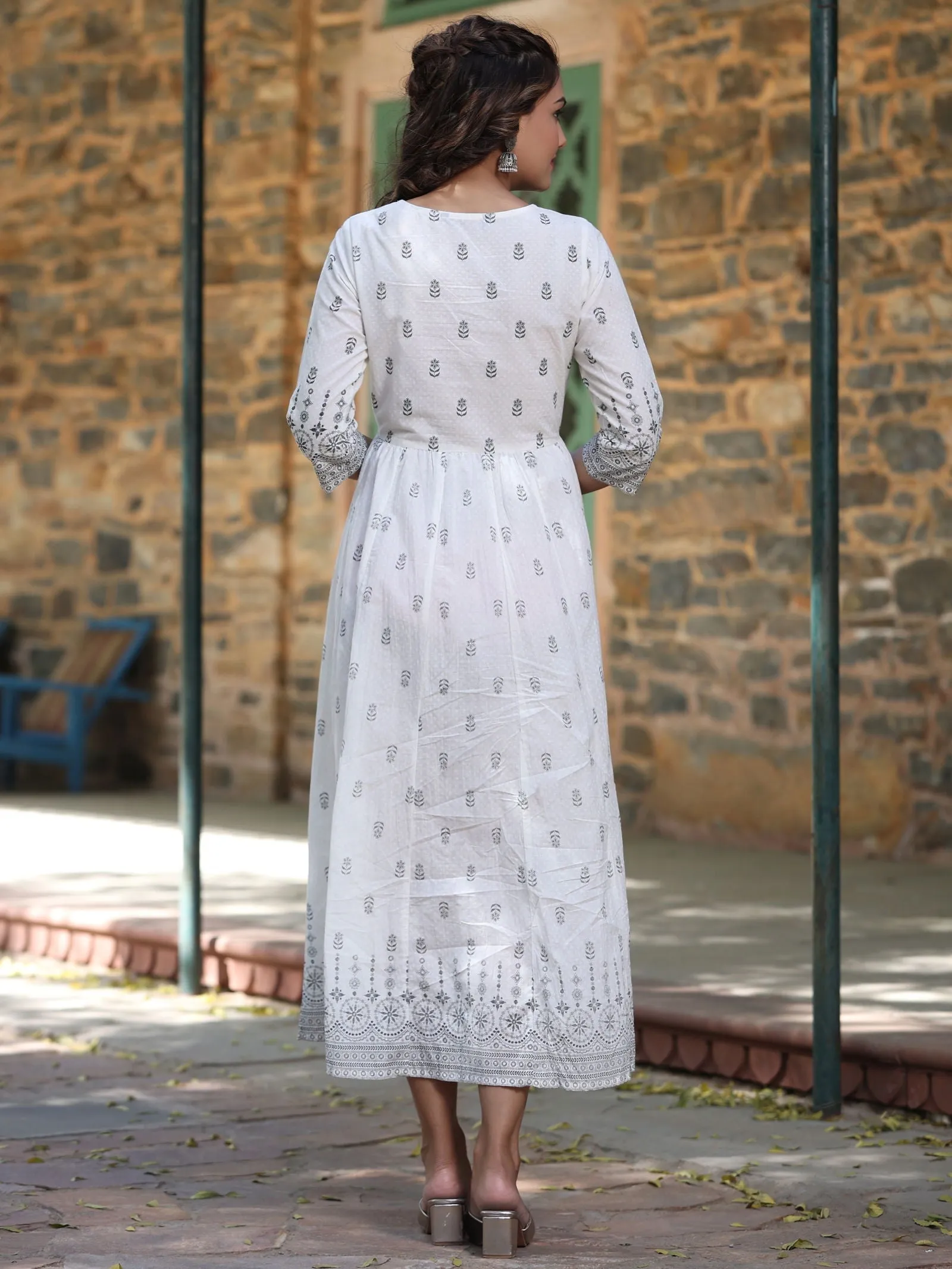 Jashvi  White Pure Cotton Printed Kurta, Sharara & Dupatta Set With Beads & Sequins