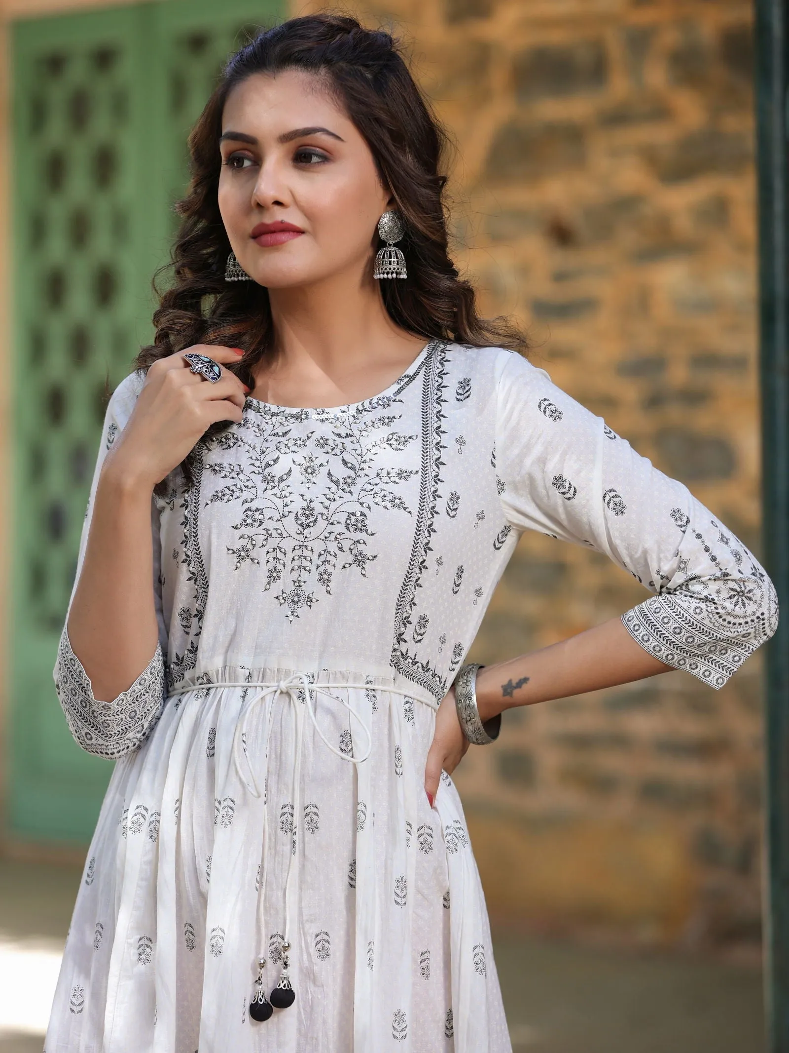 Jashvi  White Pure Cotton Printed Kurta, Sharara & Dupatta Set With Beads & Sequins