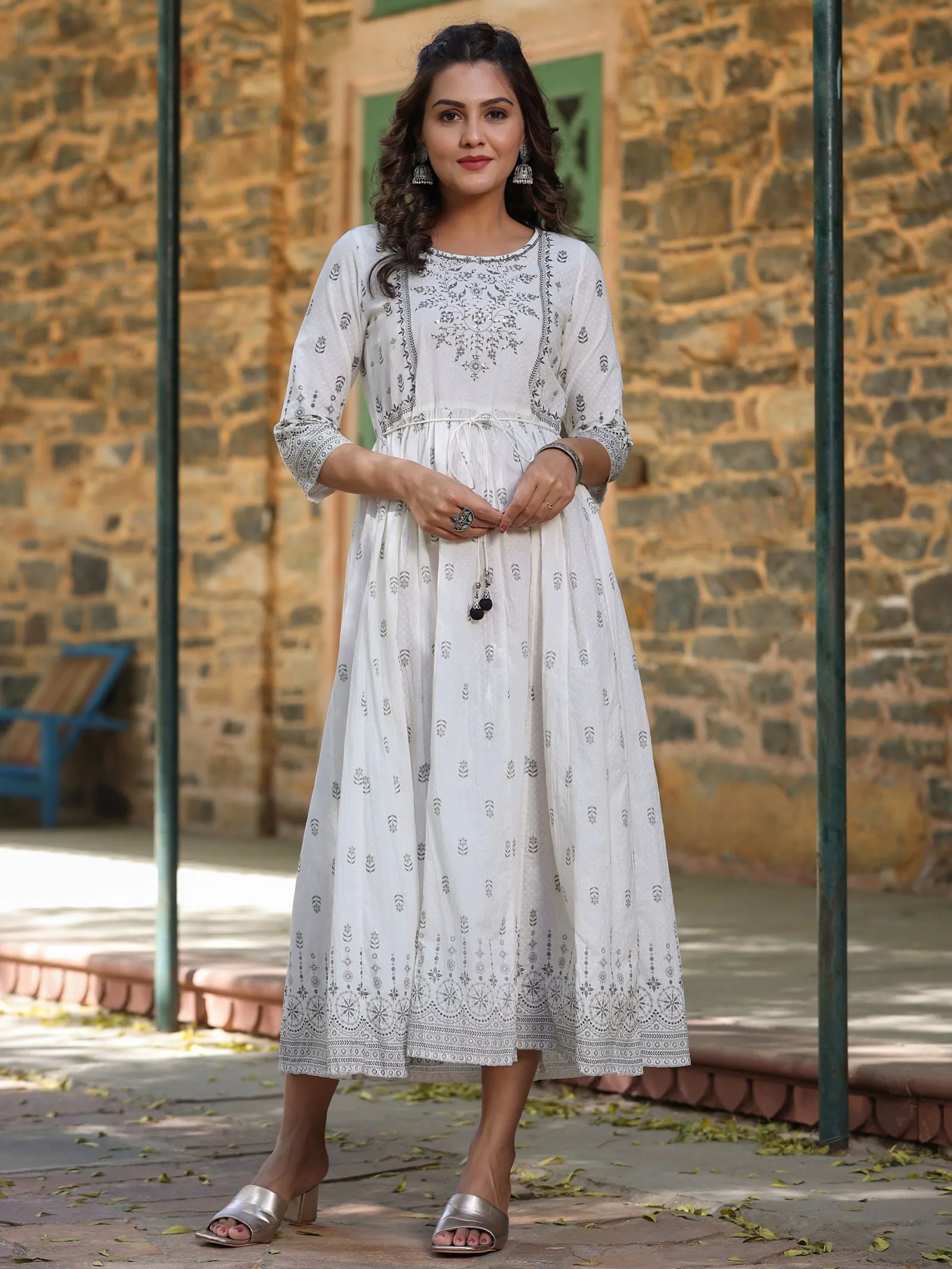 Jashvi  White Pure Cotton Printed Kurta, Sharara & Dupatta Set With Beads & Sequins