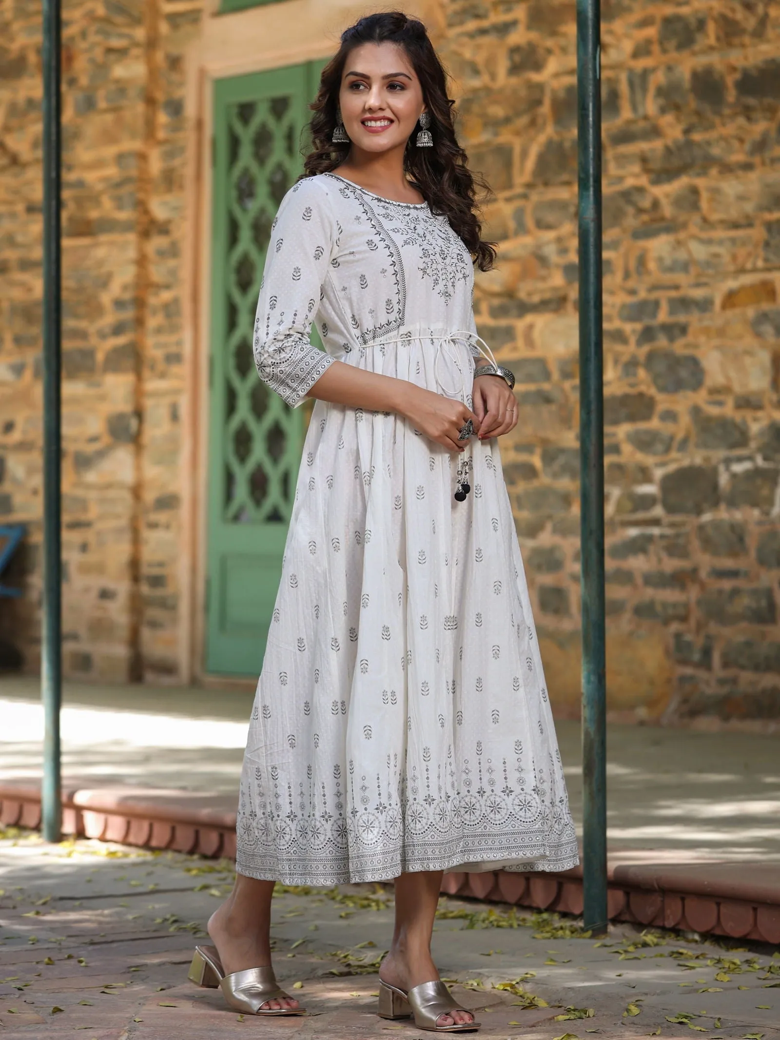 Jashvi  White Pure Cotton Printed Kurta, Sharara & Dupatta Set With Beads & Sequins