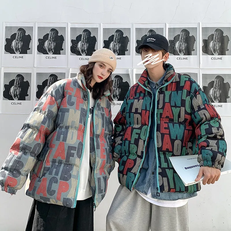 Jinquedai  Men Full Letter Print Bubble Coat Winter Jacket Mens Korean Fashions Parkas Jacket Couple Desginer Male Clothing