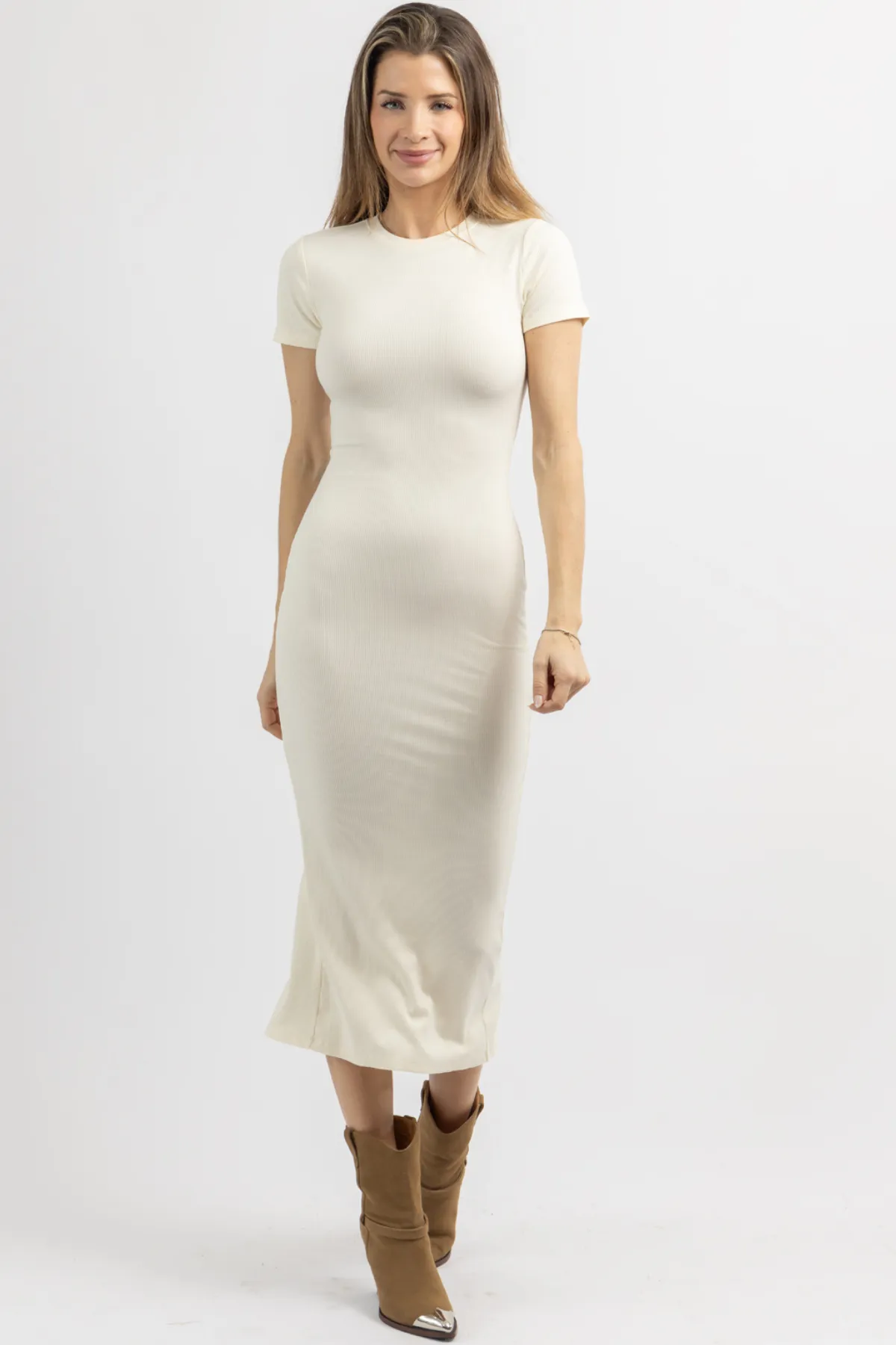 KACEY IVORY RIBBED MIDI DRESS