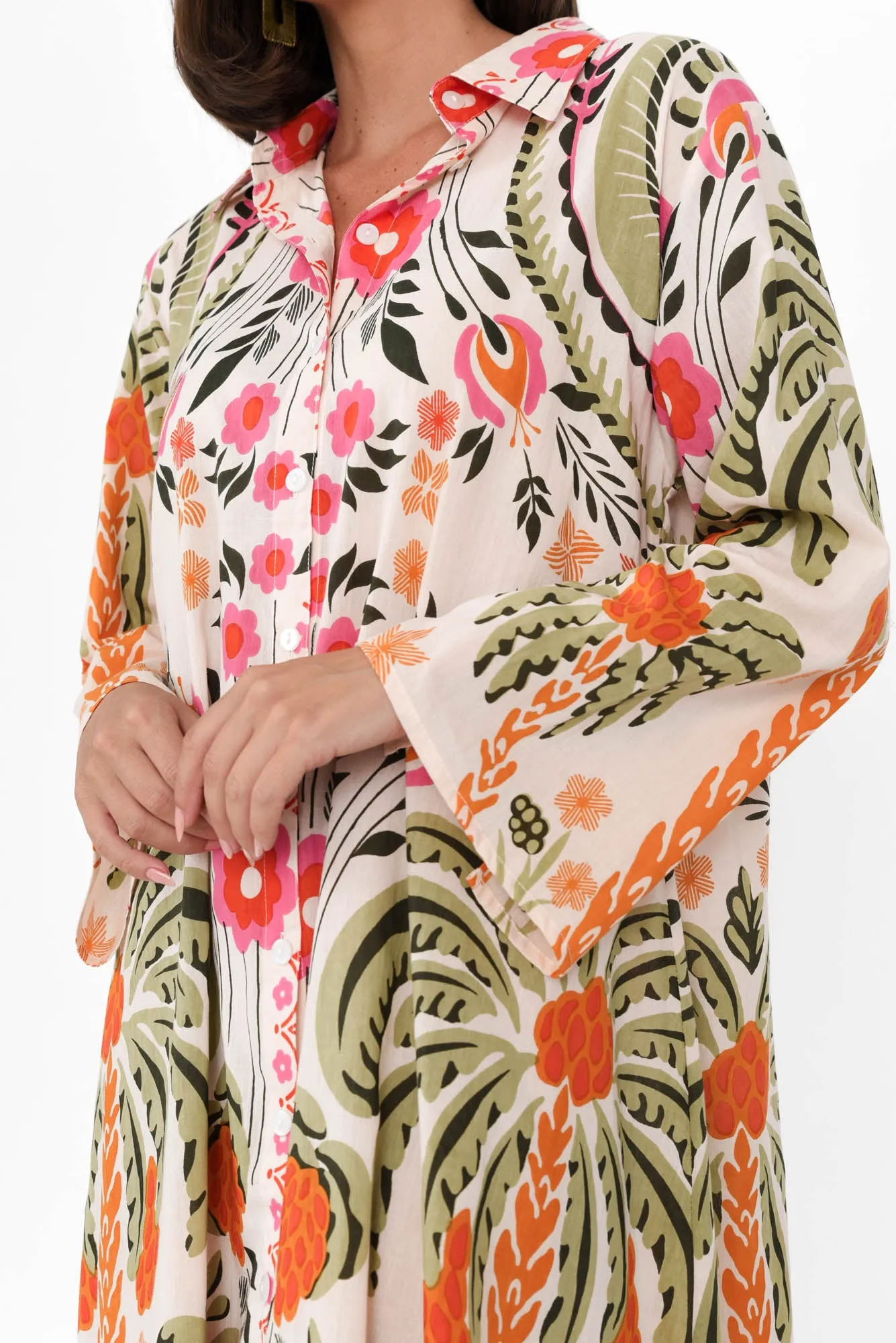 Kaylene Orange Palm Cotton Shirt Dress