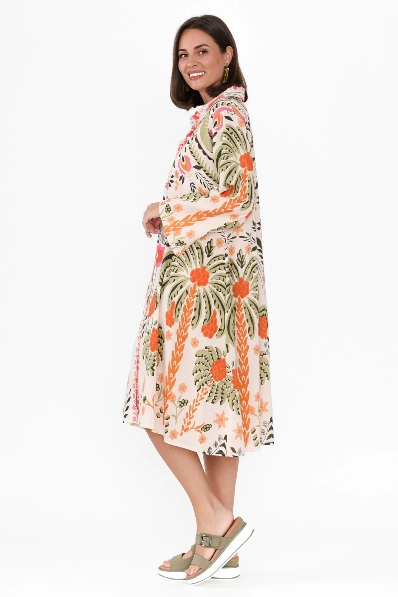 Kaylene Orange Palm Cotton Shirt Dress