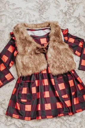 KIDS: All Dolled Up Plaid Long Sleeve Tunic & Faux Fur Vest in Red Black