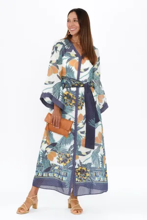 Kimona Blue Tropical Cotton Silk Dress