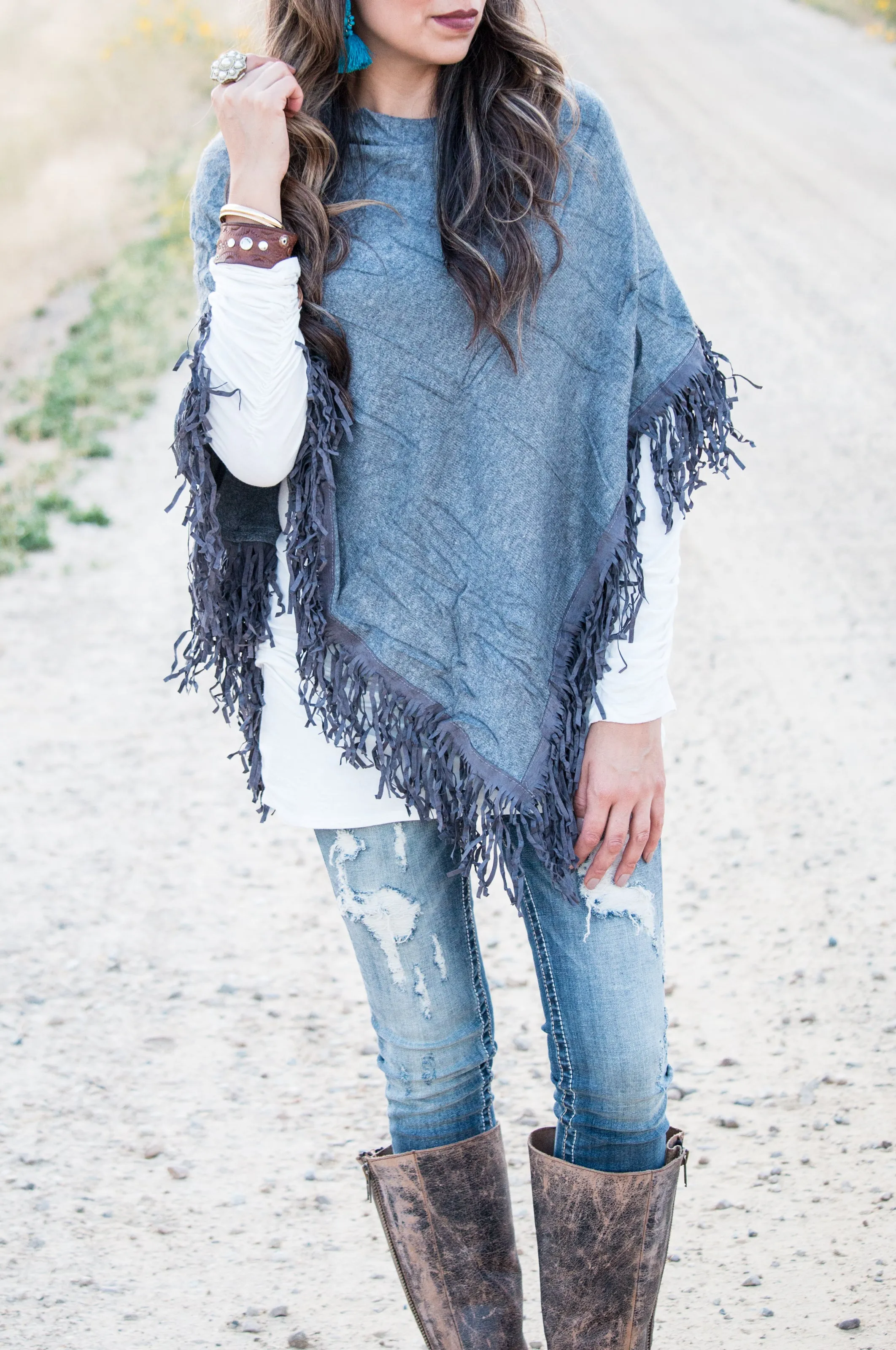 Knit & Suede Fringe Poncho