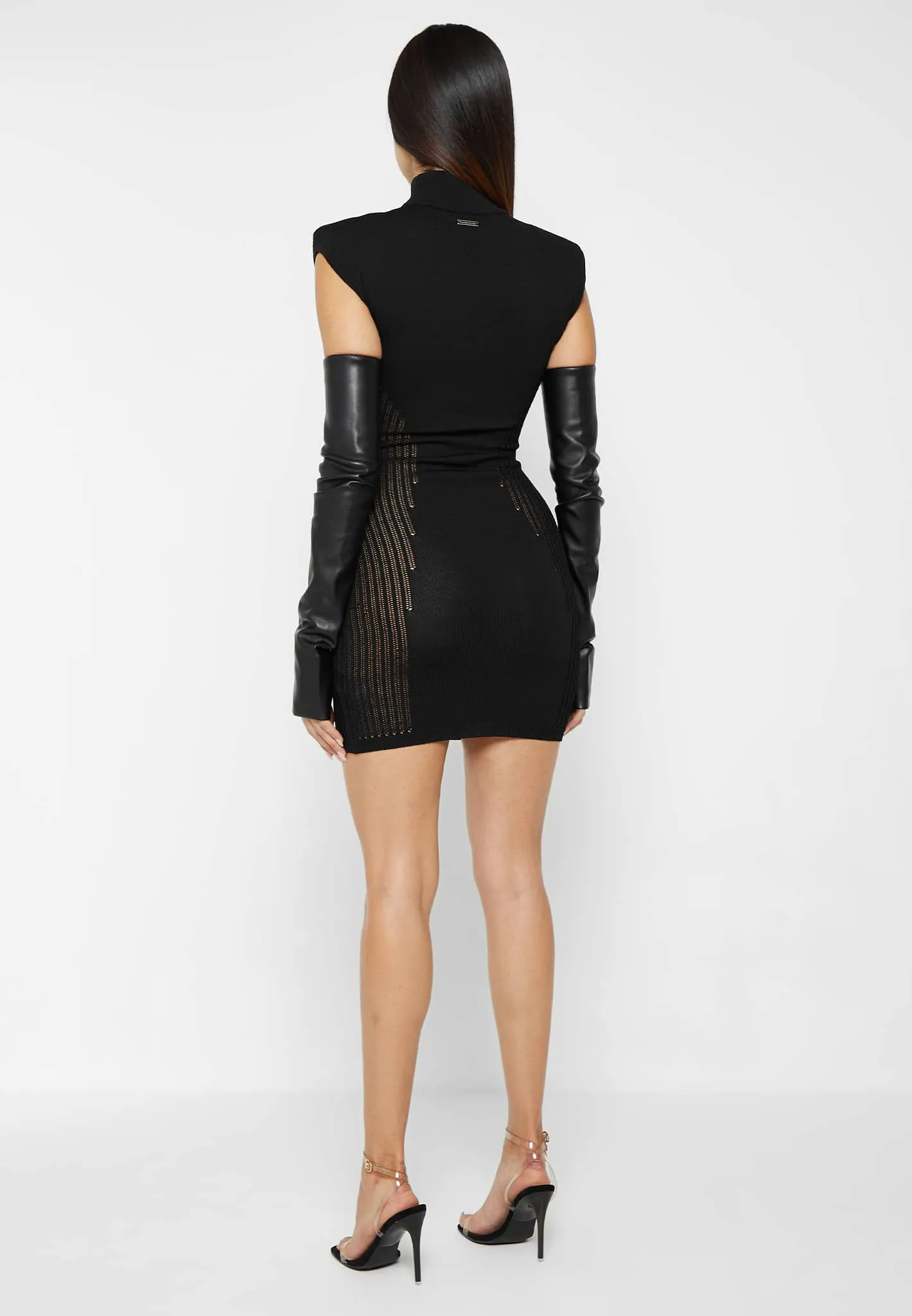 Knitted Contour Dress with Leather Sleeves - Black