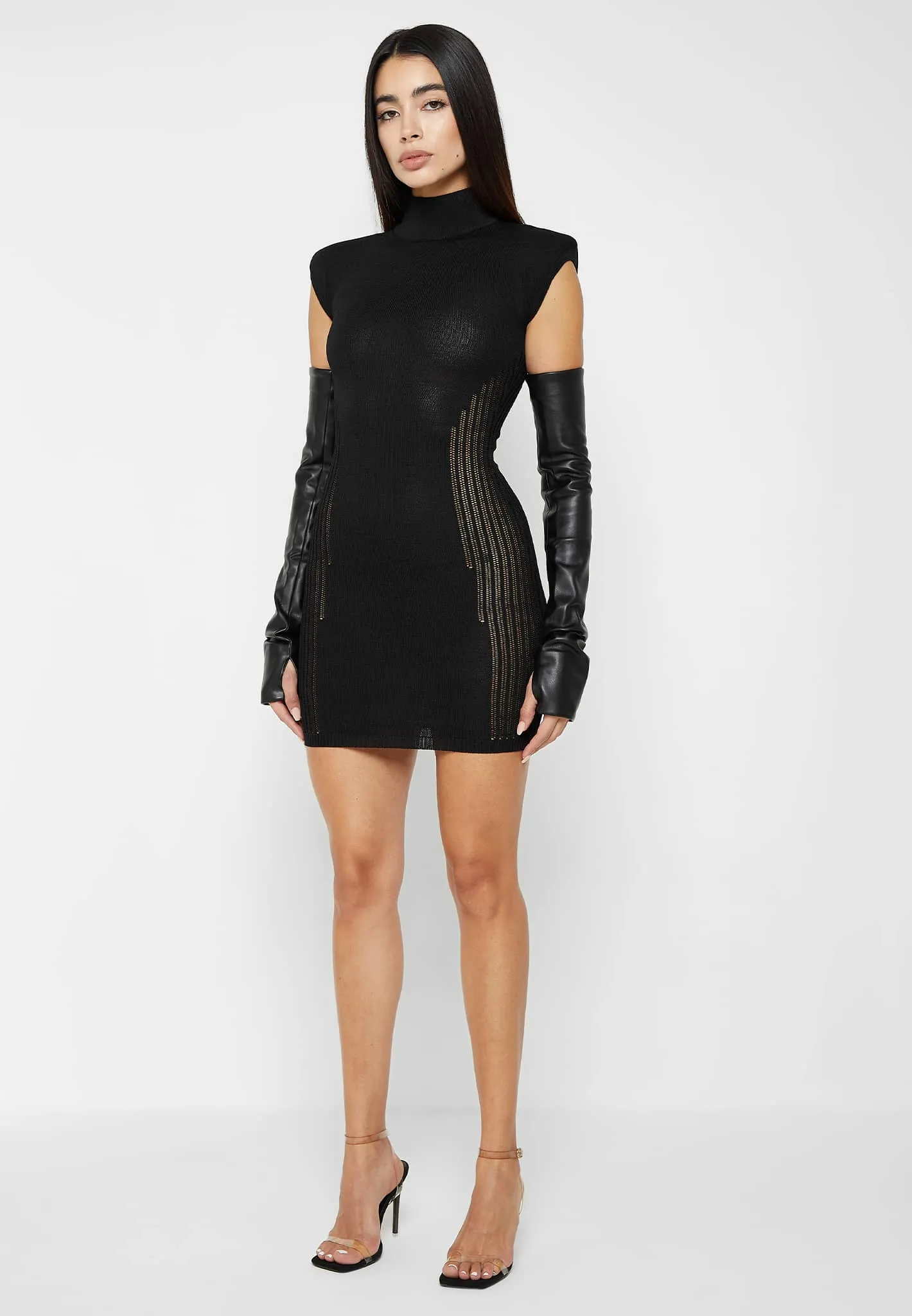 Knitted Contour Dress with Leather Sleeves - Black