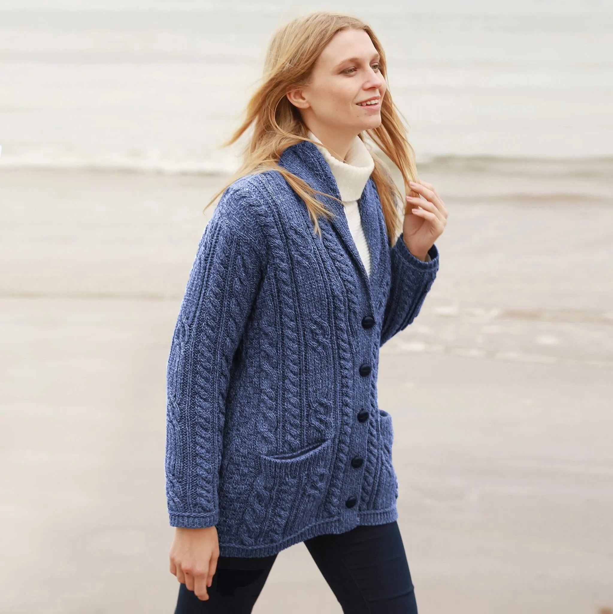 Ladies V-Neck Irish Aran Button Cardigan